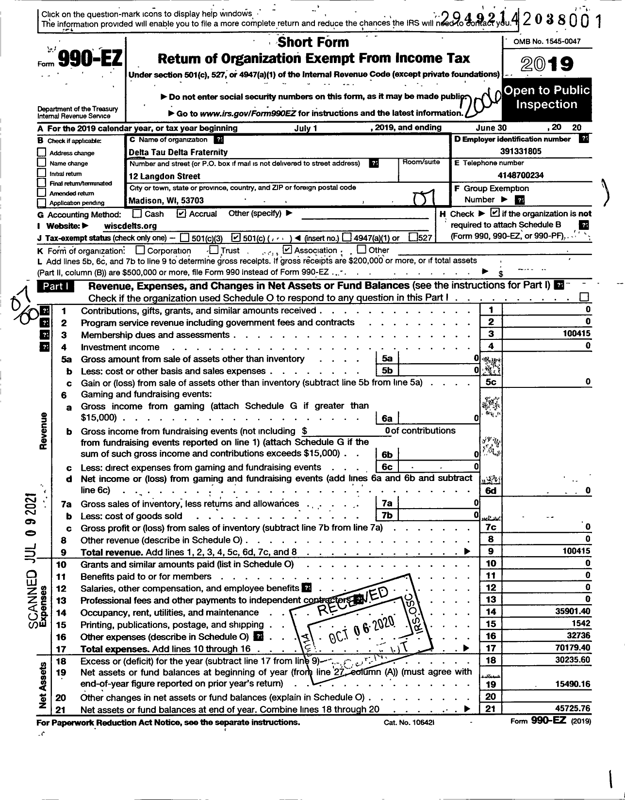 Image of first page of 2019 Form 990EO for Delta Tau Delta Fraternity - Beta Gamma Chapter