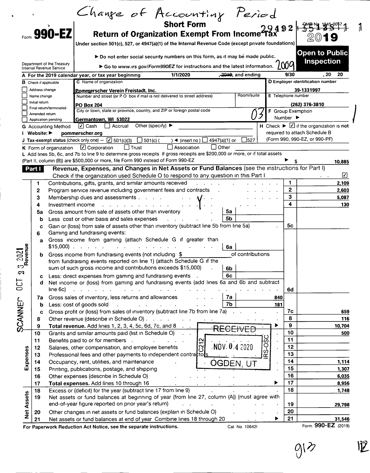 Image of first page of 2019 Form 990EZ for Pommerscher Verein Freistadt