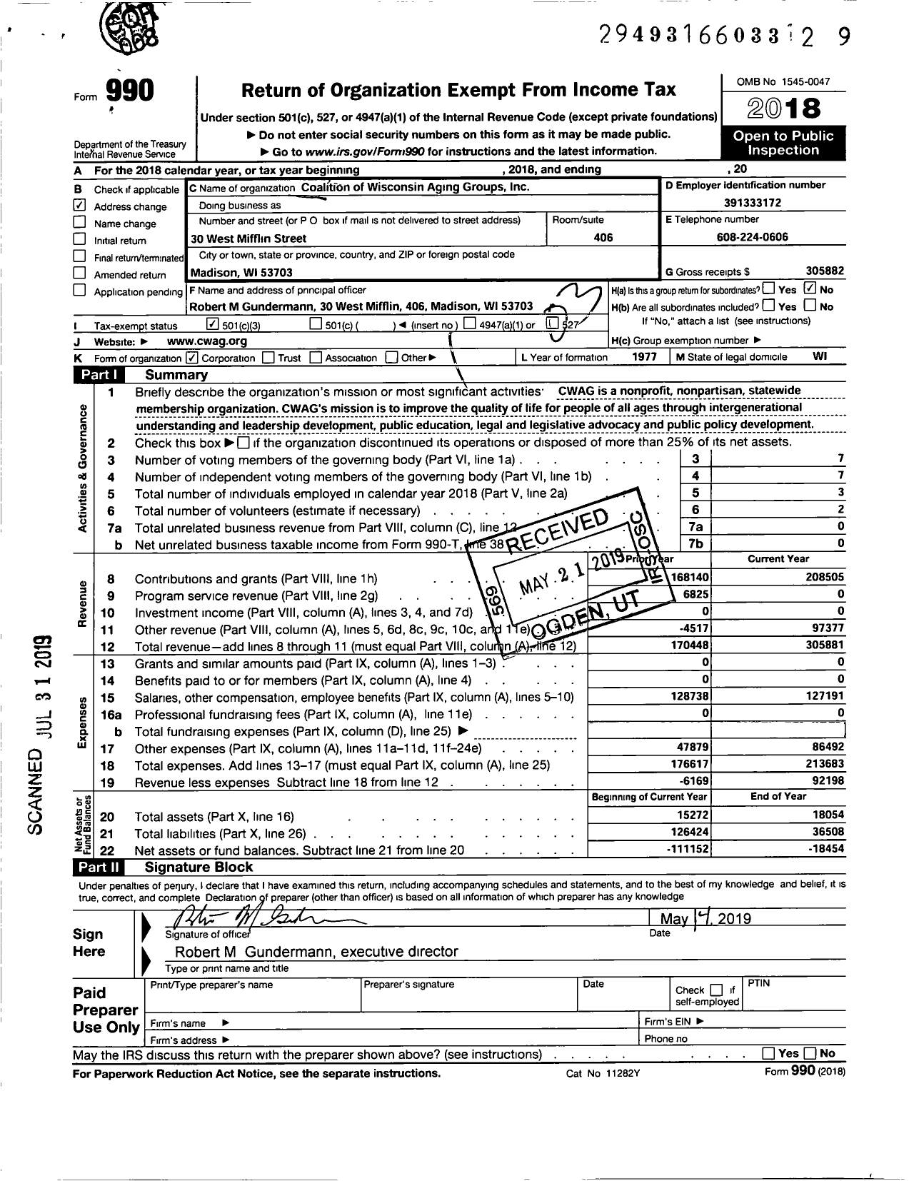 Image of first page of 2018 Form 990 for Coalition of Wisconsin Aging Groups Incorporated