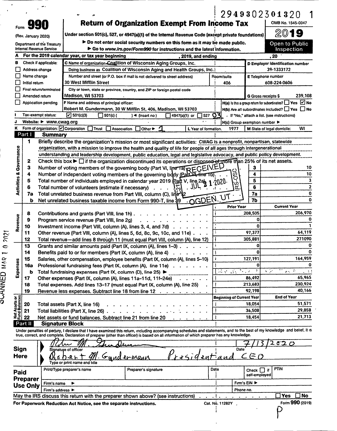 Image of first page of 2019 Form 990 for Coalition of Wisconsin Aging Groups Incorporated