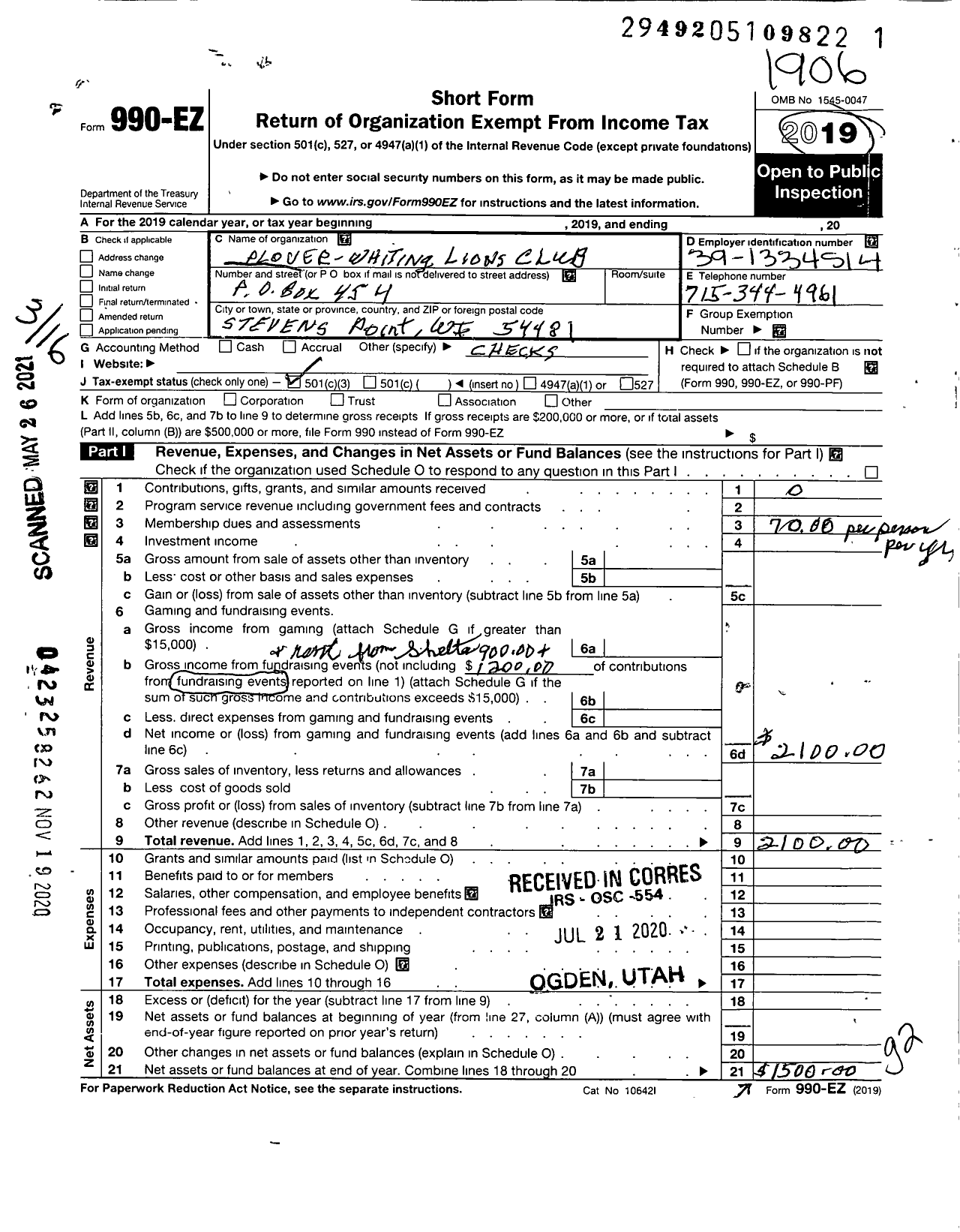 Image of first page of 2018 Form 990EZ for Plover Whiting Lions Foundation