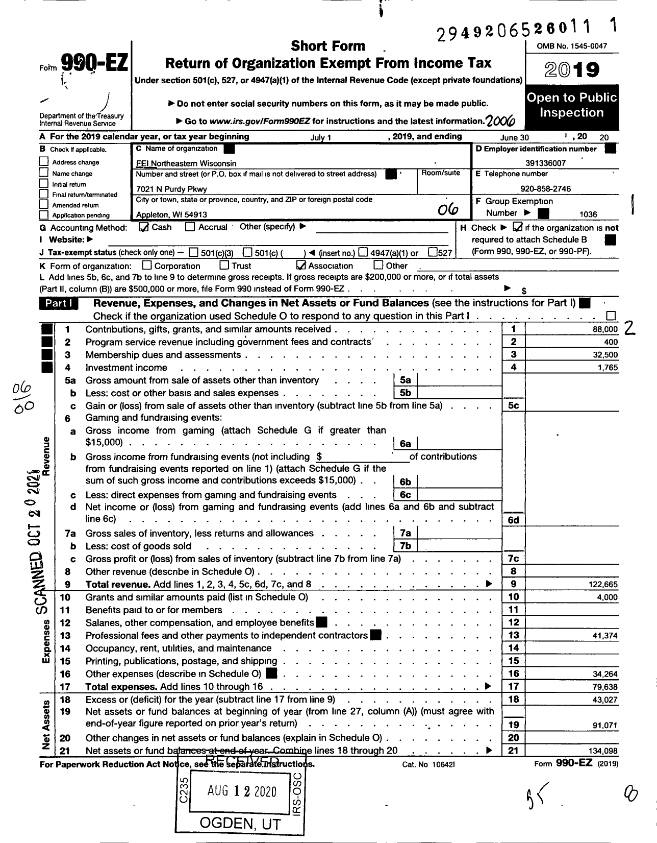 Image of first page of 2019 Form 990EO for Financial Executives International / Northeastern Wisconsin Chapter