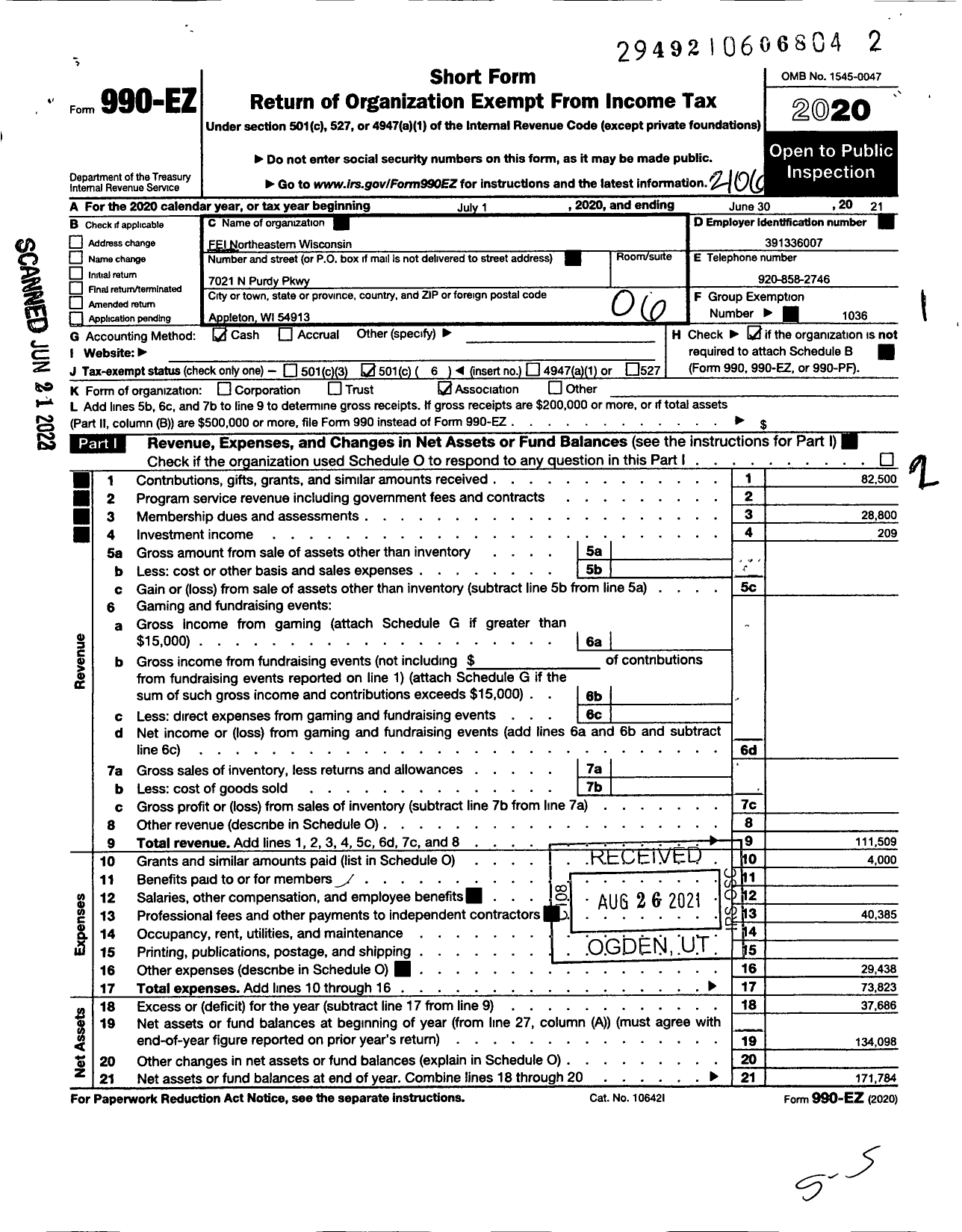 Image of first page of 2020 Form 990EO for Financial Executives International / Eastern Wisconsin Chapter