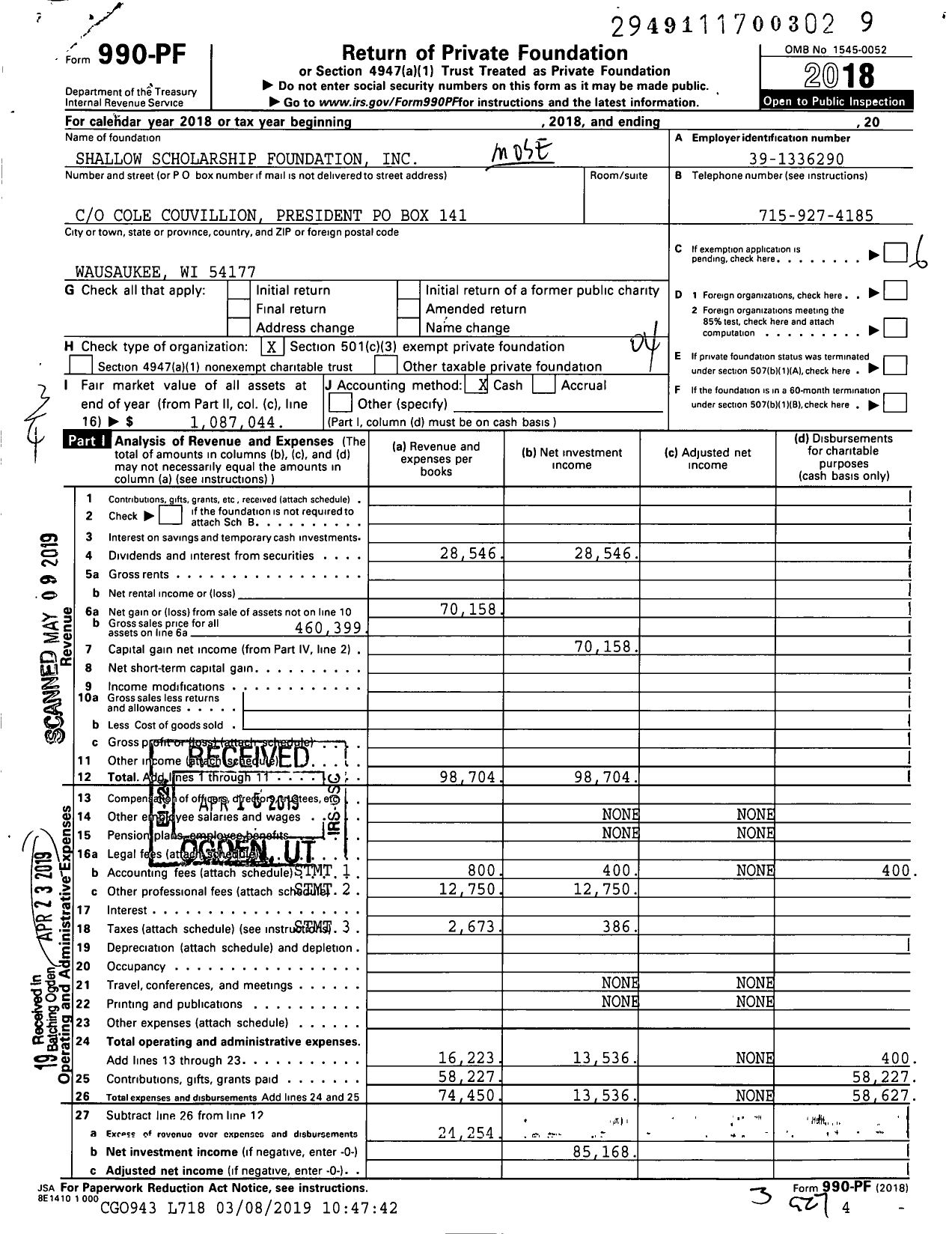 Image of first page of 2018 Form 990PF for Shallow Scholarship Foundation Agency