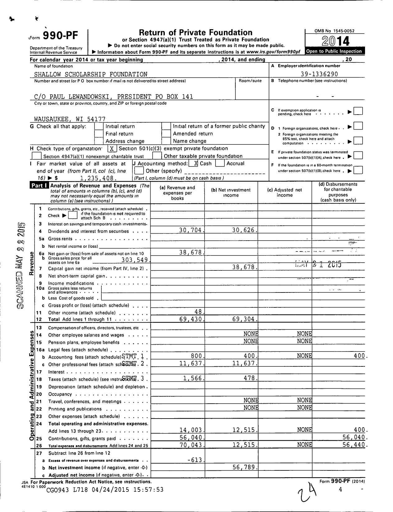 Image of first page of 2014 Form 990PF for Shallow Scholarship Foundation Agency