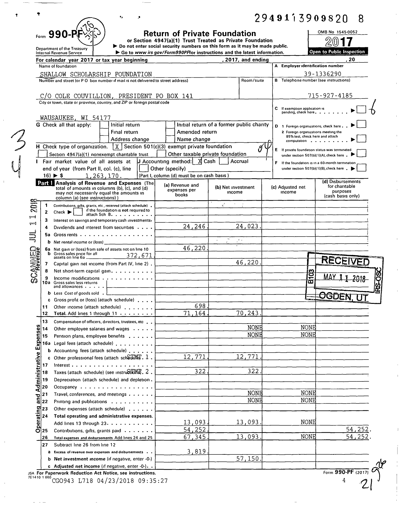 Image of first page of 2017 Form 990PF for Shallow Scholarship Foundation Agency