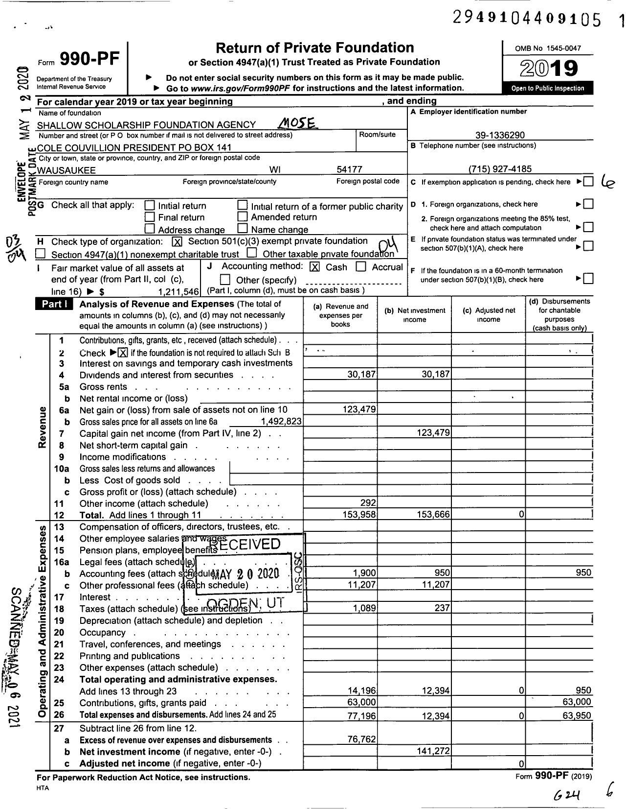 Image of first page of 2019 Form 990PF for Shallow Scholarship Foundation Agency