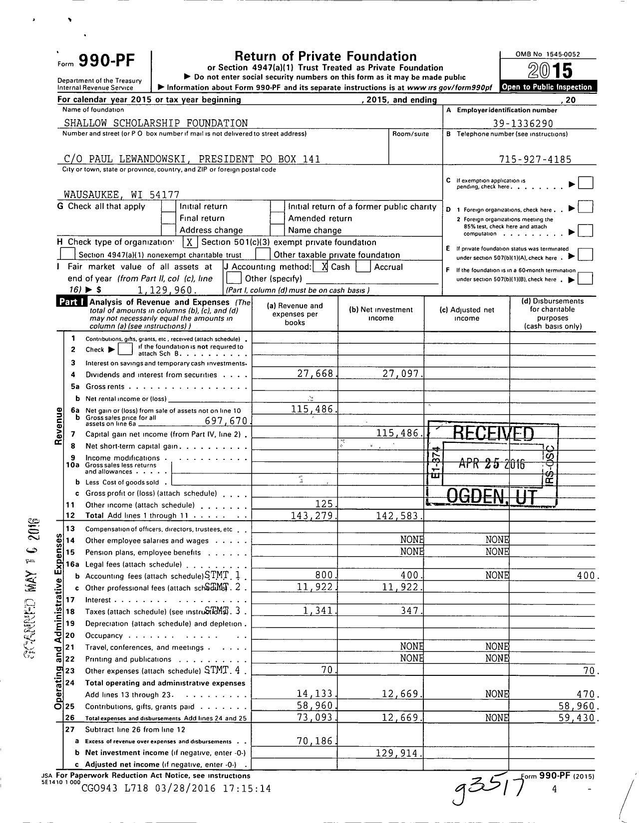 Image of first page of 2015 Form 990PF for Shallow Scholarship Foundation Agency