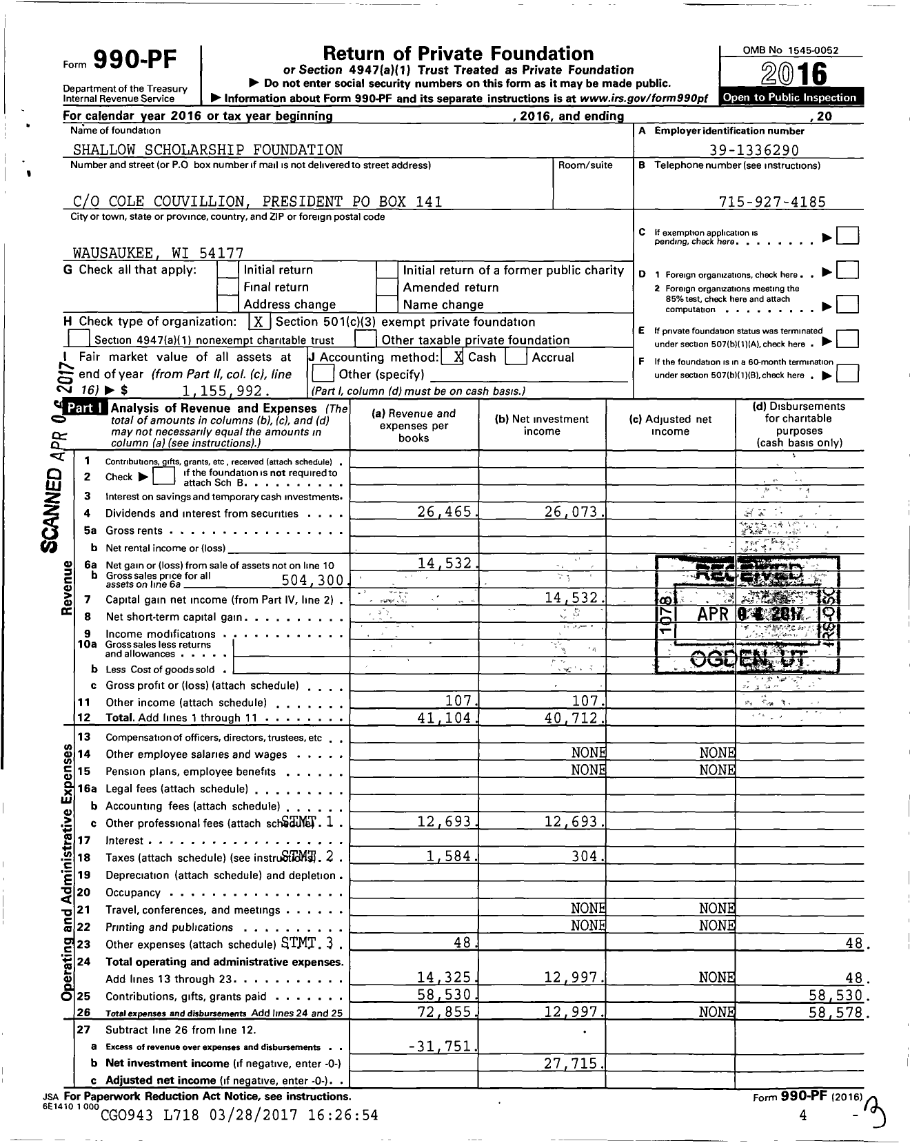 Image of first page of 2016 Form 990PF for Shallow Scholarship Foundation Agency