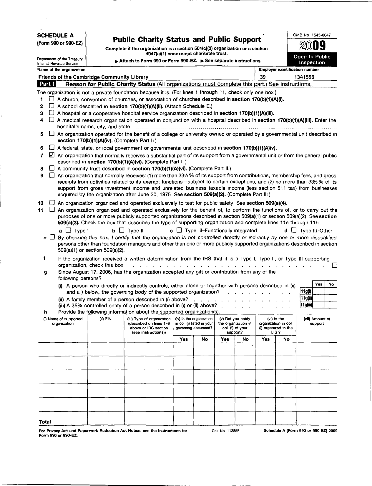 Image of first page of 2009 Form 990ER for Friends of the Cambridge Community Library