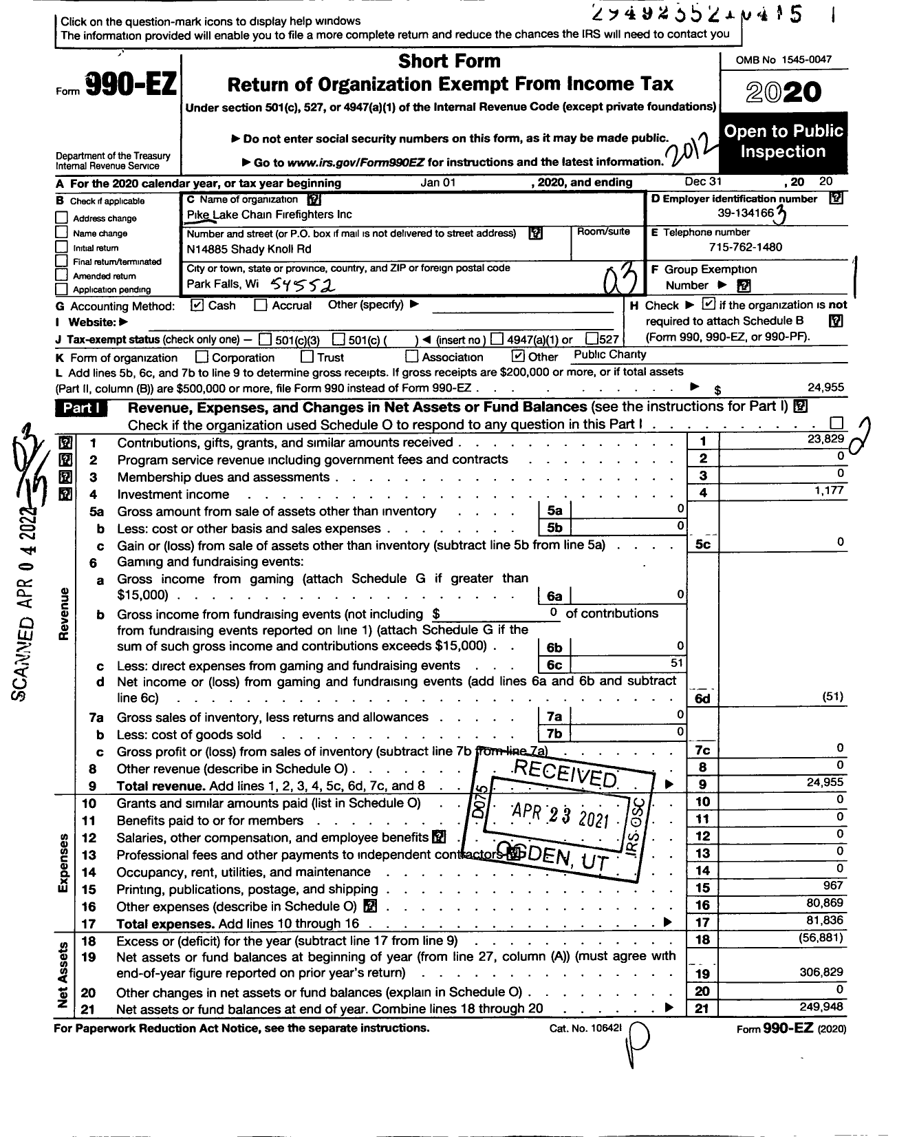 Image of first page of 2020 Form 990EZ for Pike Lake Chain Firefighters