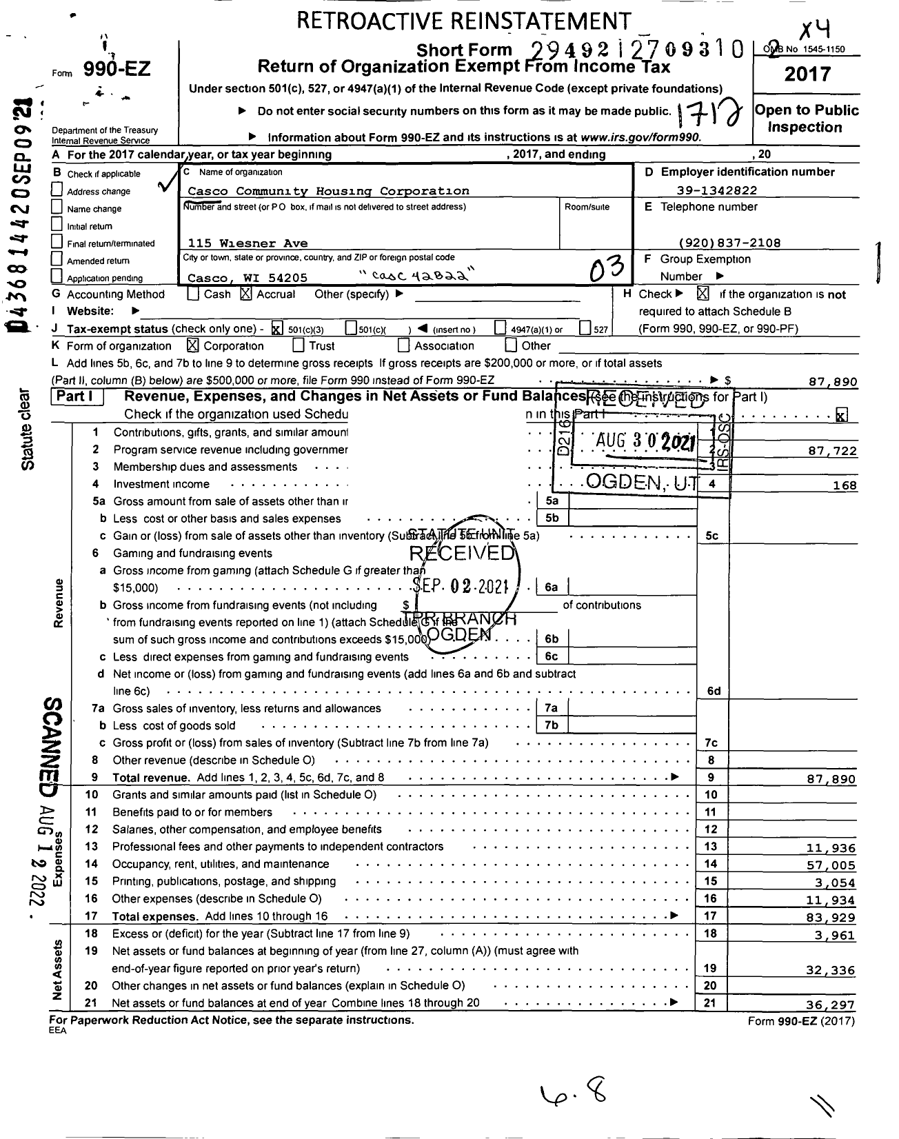 Image of first page of 2019 Form 990EZ for Casco Community Housing Corporation