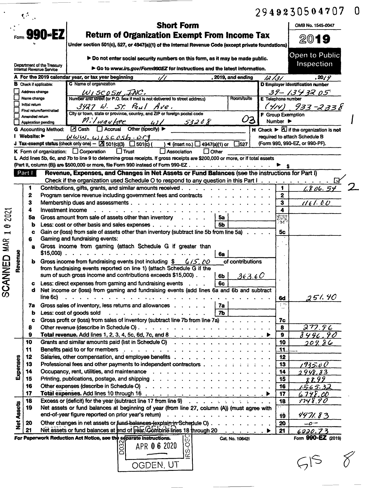 Image of first page of 2019 Form 990EZ for Wiscosh