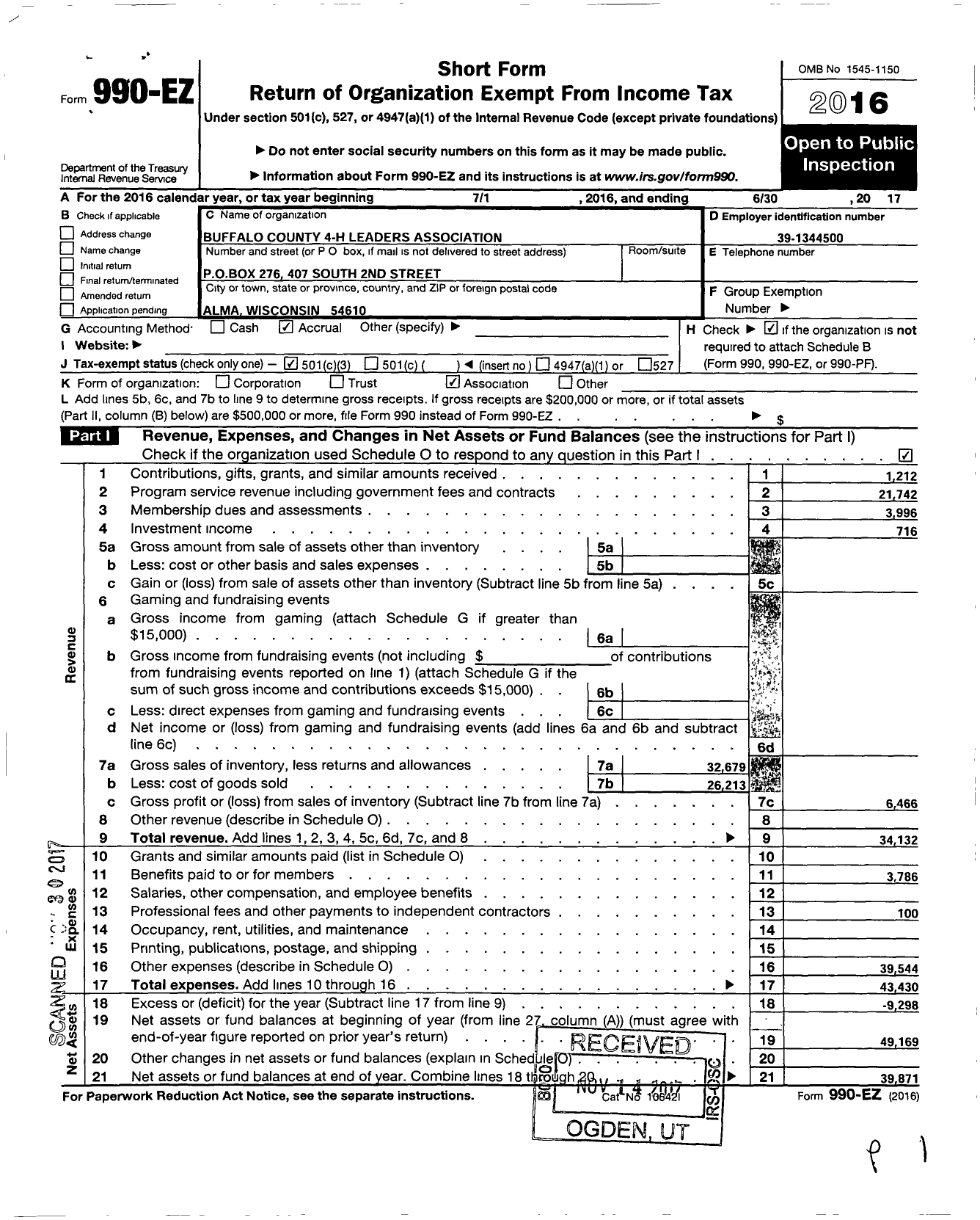 Image of first page of 2016 Form 990EZ for Buffalo County 4-H Leaders Association