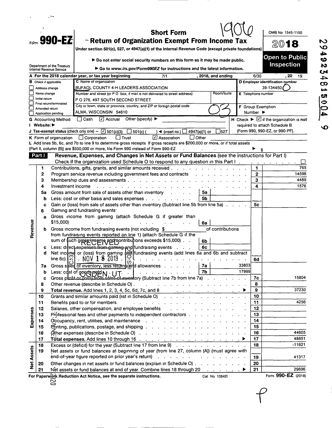 Image of first page of 2018 Form 990EZ for Buffalo County 4-H Leaders Association