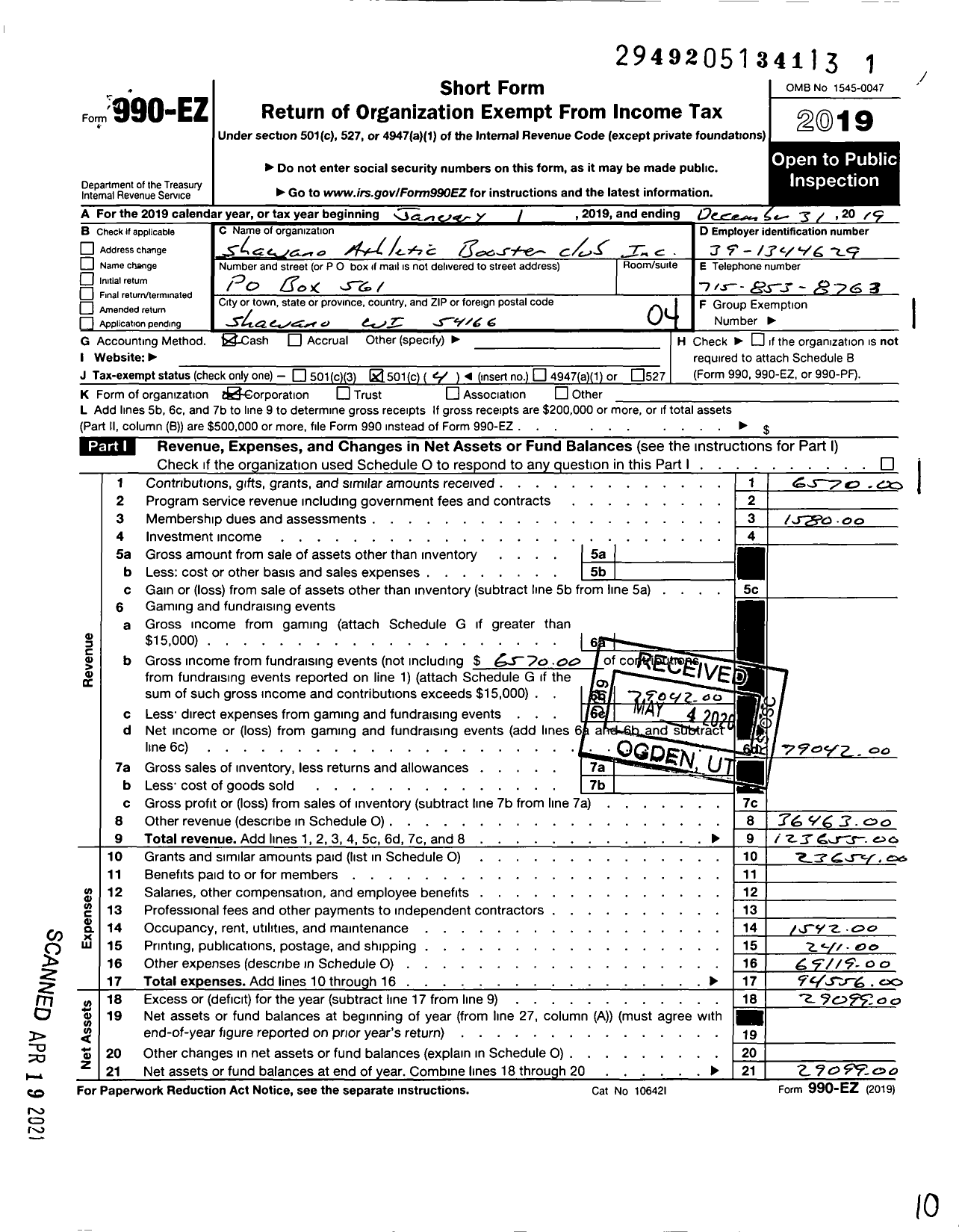 Image of first page of 2019 Form 990EO for Shawano Athletic Booster Club