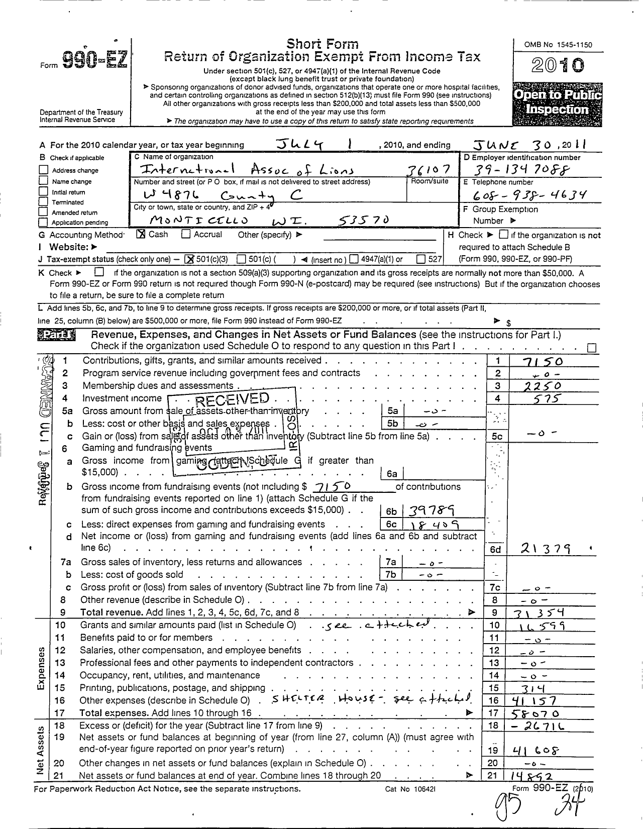 Image of first page of 2010 Form 990EZ for International Association of Lions Clubs