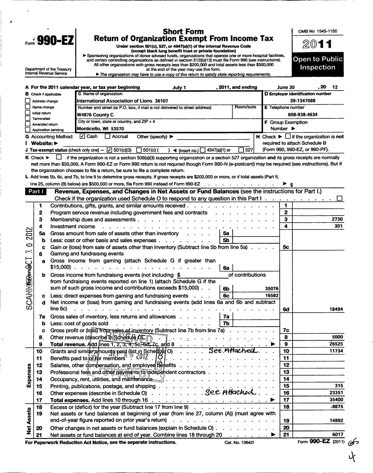 Image of first page of 2011 Form 990EZ for Lions Clubs - 36107 Monticello