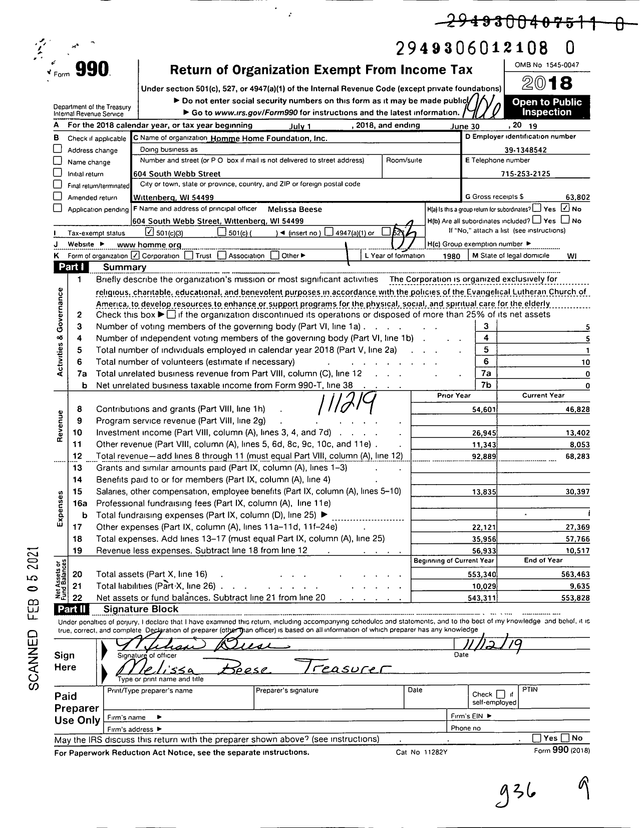 Image of first page of 2018 Form 990 for Homme Home Foundation