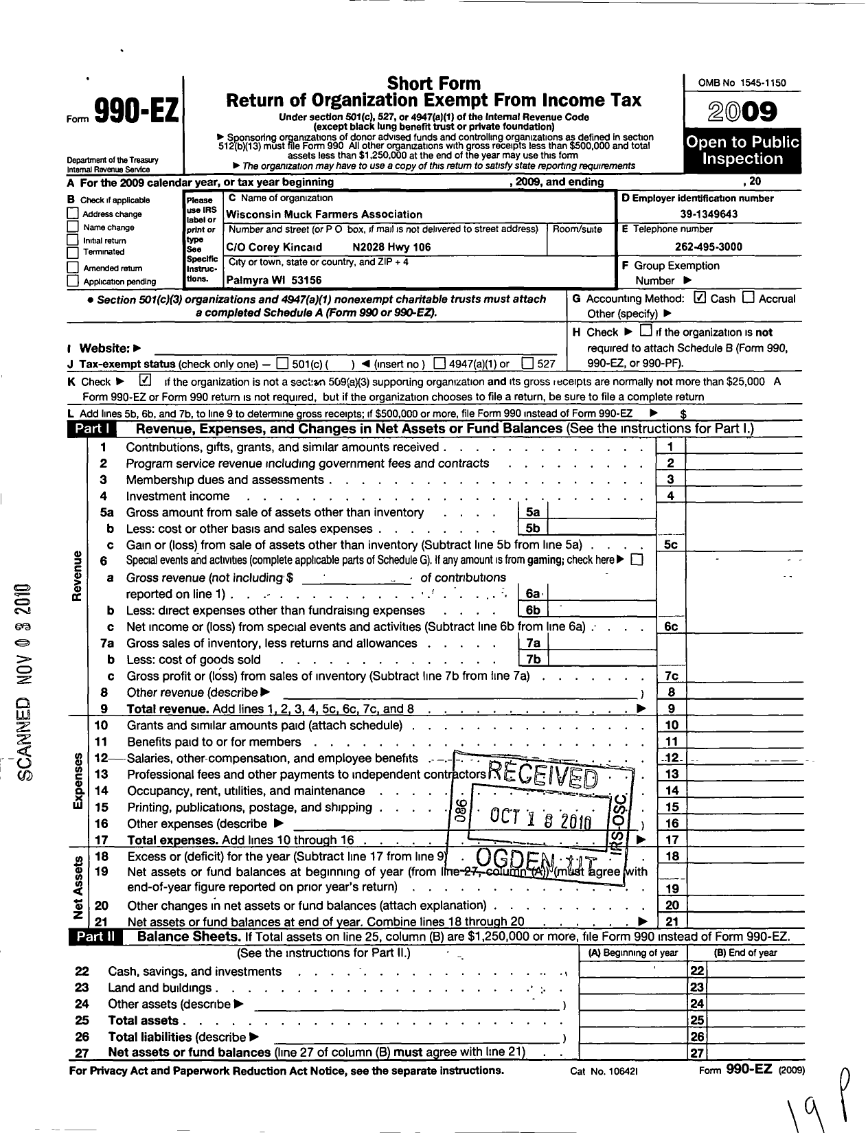 Image of first page of 2009 Form 990EO for Wisconsin Muck Farmers Association