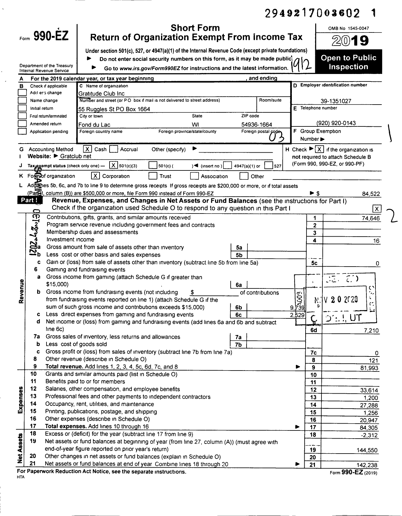 Image of first page of 2019 Form 990EZ for Gratitude Club