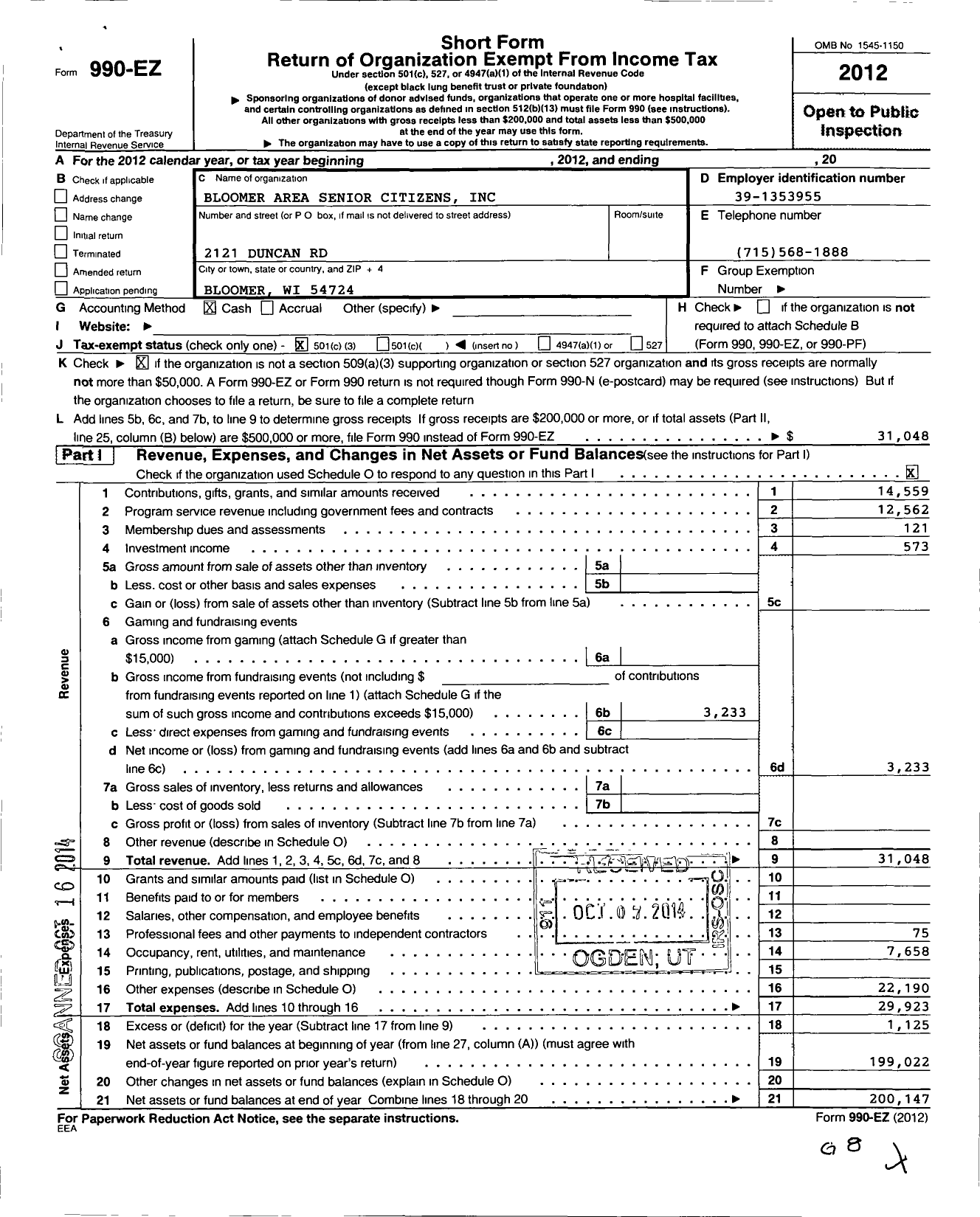 Image of first page of 2012 Form 990EZ for Bloomer Area Senior Citizens