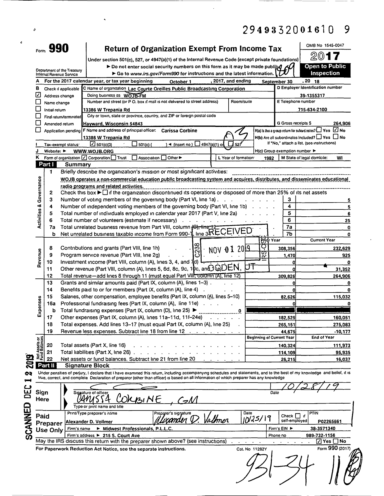 Image of first page of 2017 Form 990 for Lac Courte Oreilles Ojibwa Public Broadcasting Corporation