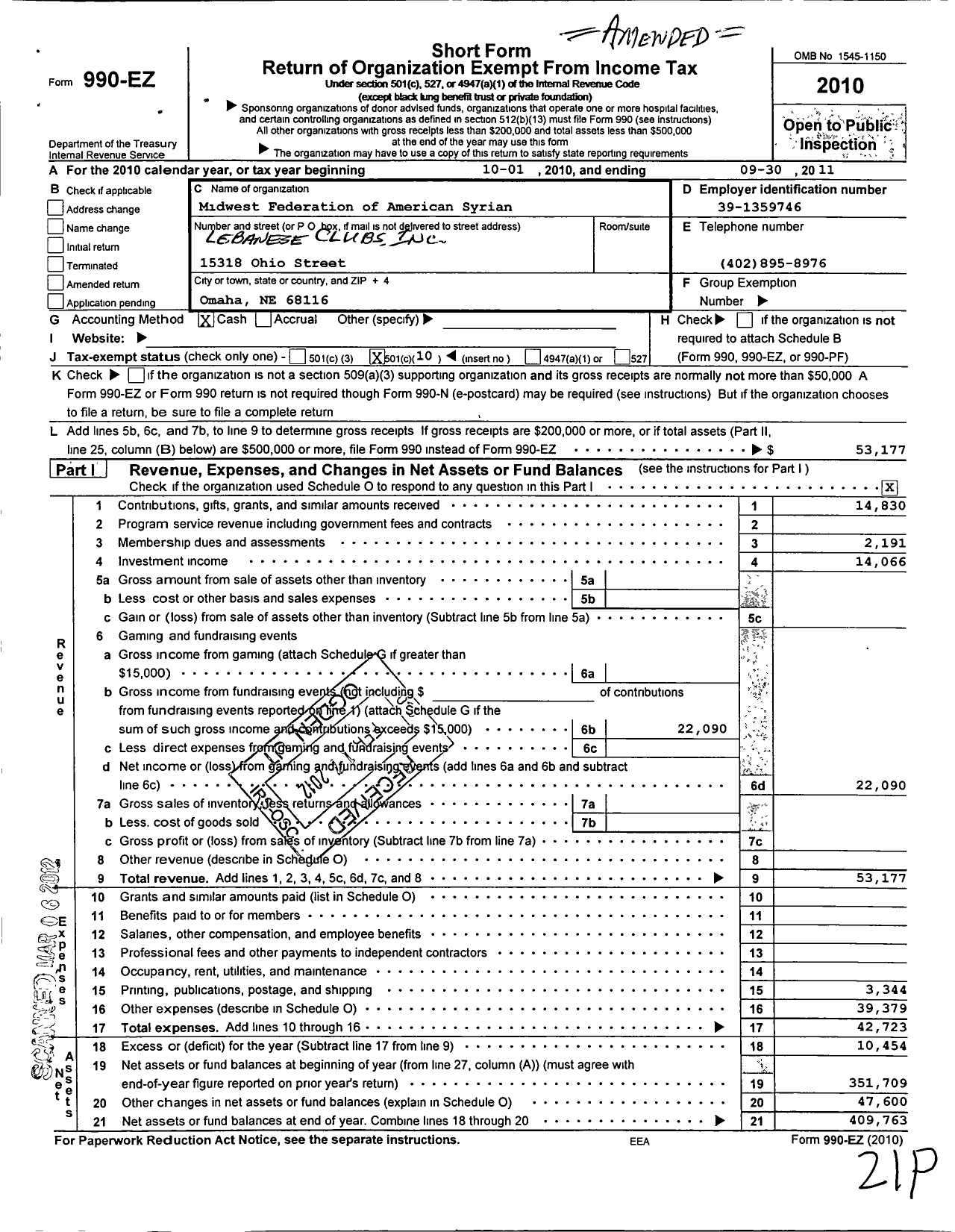 Image of first page of 2010 Form 990EO for Midwest Federation of American Syrian-Lebanese Clubs