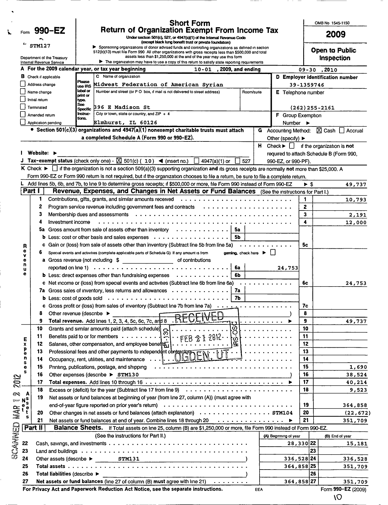 Image of first page of 2009 Form 990EO for Midwest Federation of American Syrian-Lebanese Clubs