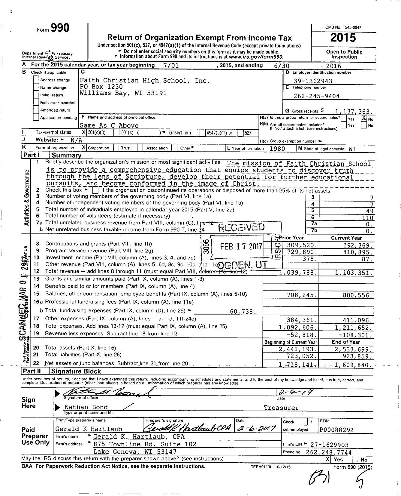 Image of first page of 2015 Form 990 for Faith Christian High School