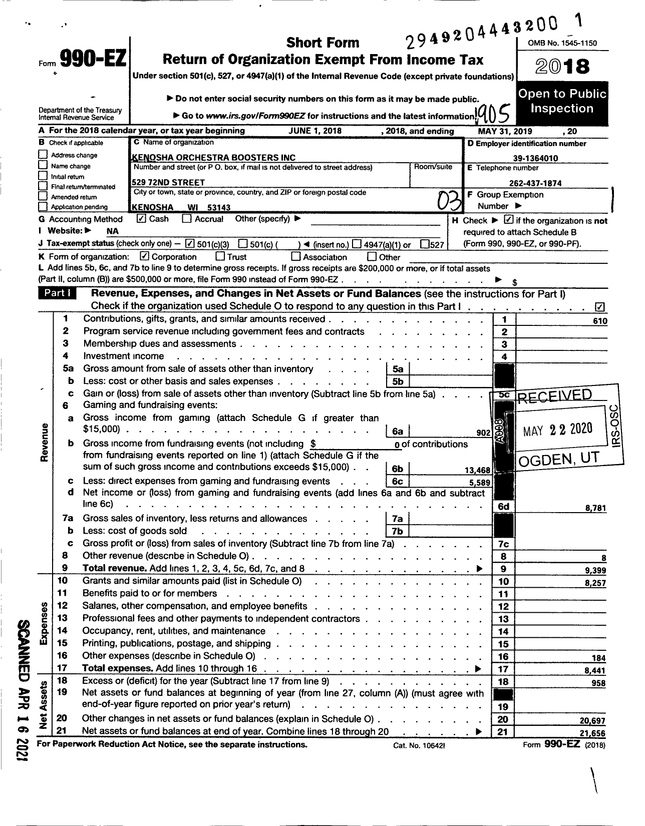 Image of first page of 2018 Form 990EZ for Kenosha Orchestra Boosters