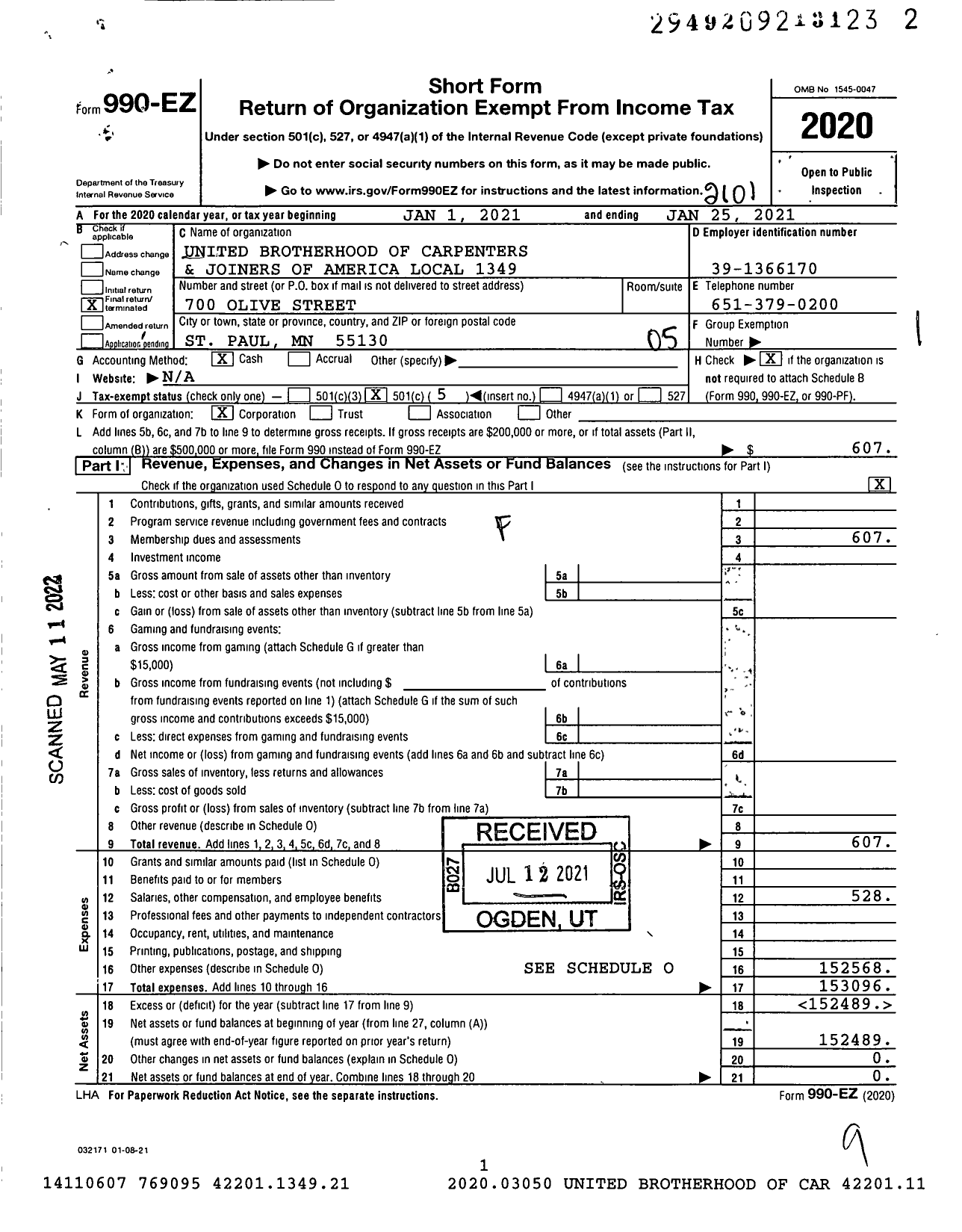 Image of first page of 2020 Form 990EO for United Brotherhood of Carpenters and Joiners Local 1349