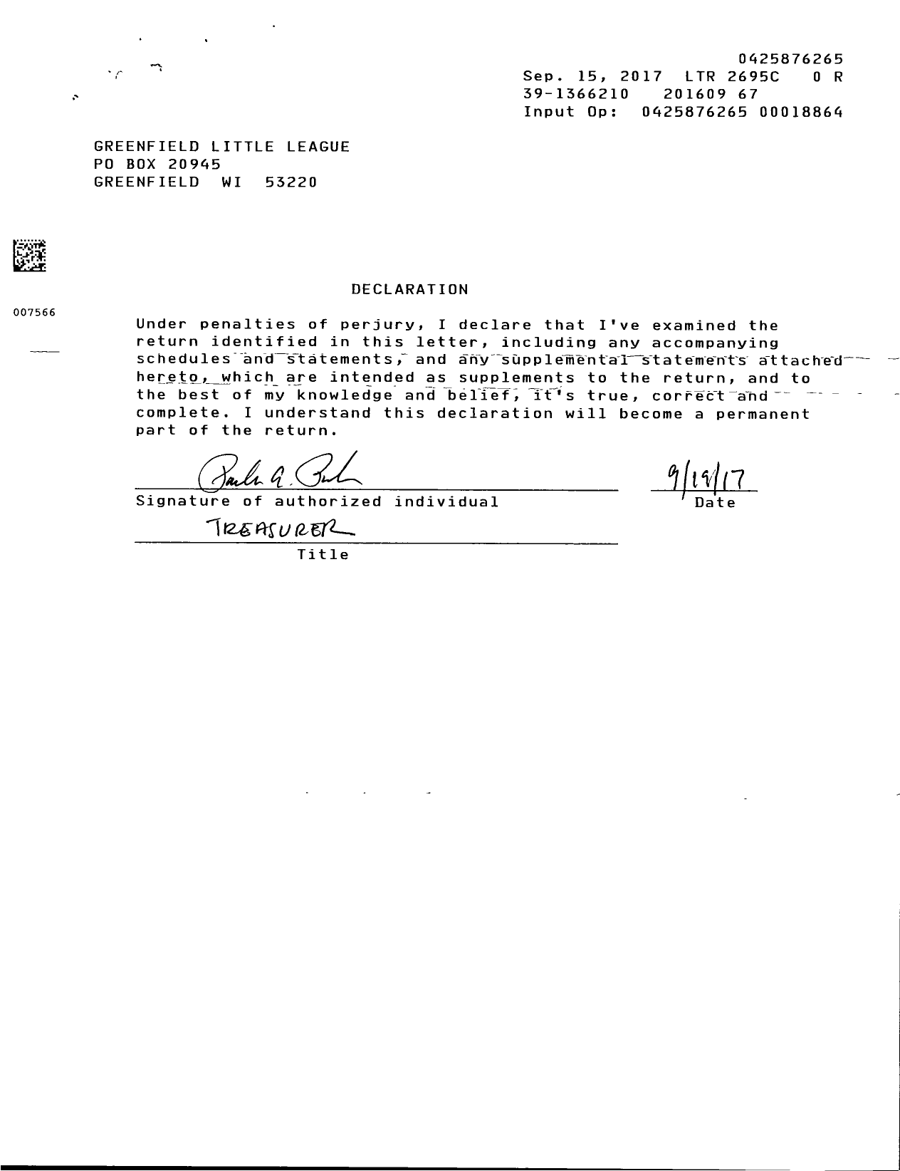 Image of first page of 2015 Form 990ER for Greenfield New Berlin Little League Limited