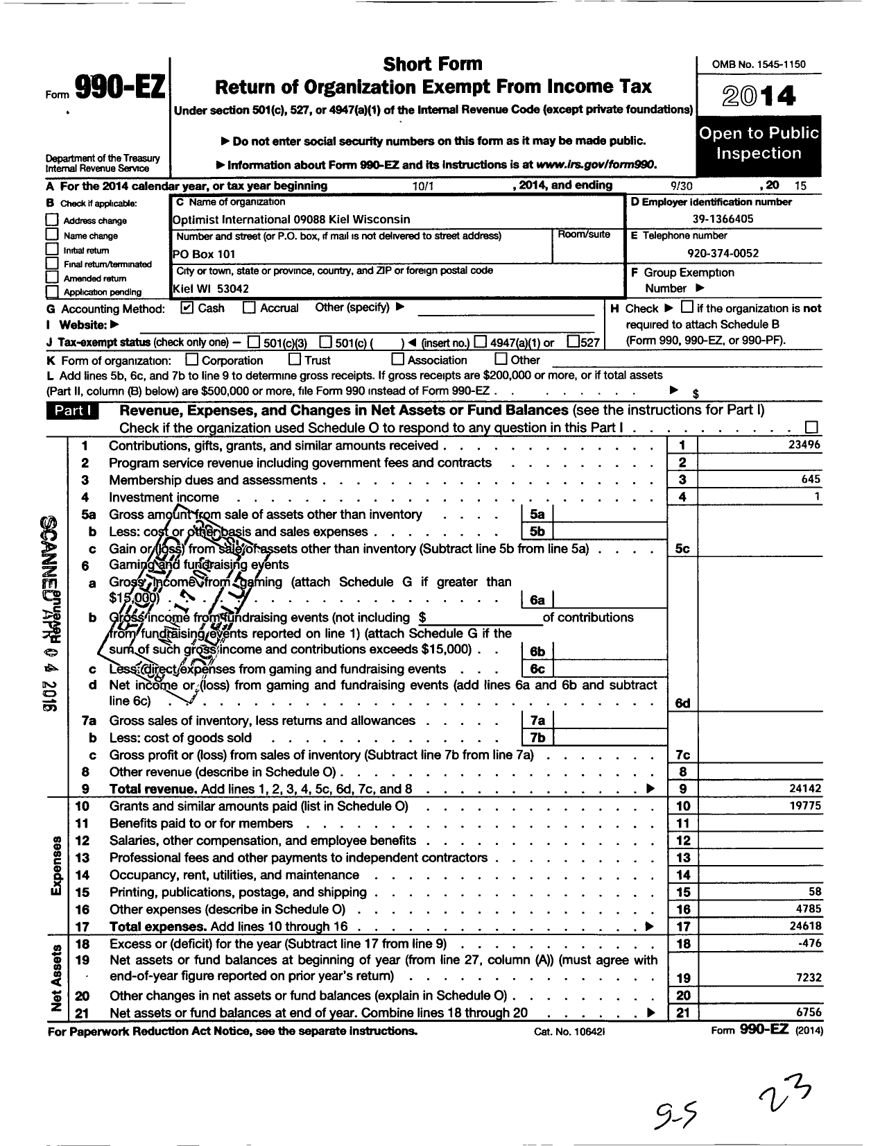 Image of first page of 2014 Form 990EO for Optimist International - 23088 Oc of Kiel Wi