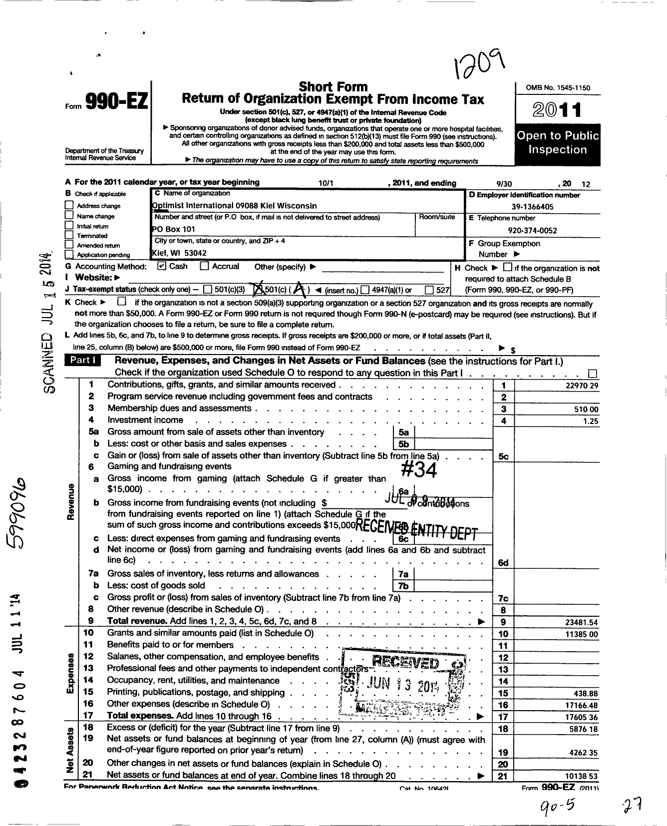 Image of first page of 2011 Form 990EO for Optimist International - 23088 Oc of Kiel Wi