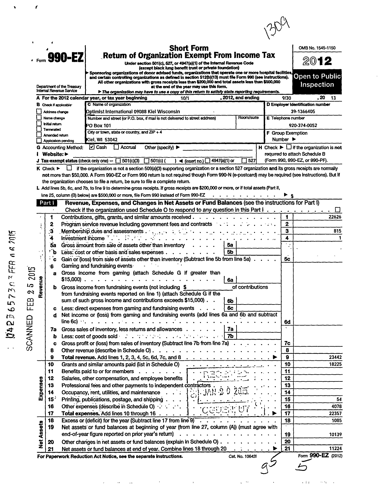 Image of first page of 2012 Form 990EO for Optimist International - 23088 Oc of Kiel Wi