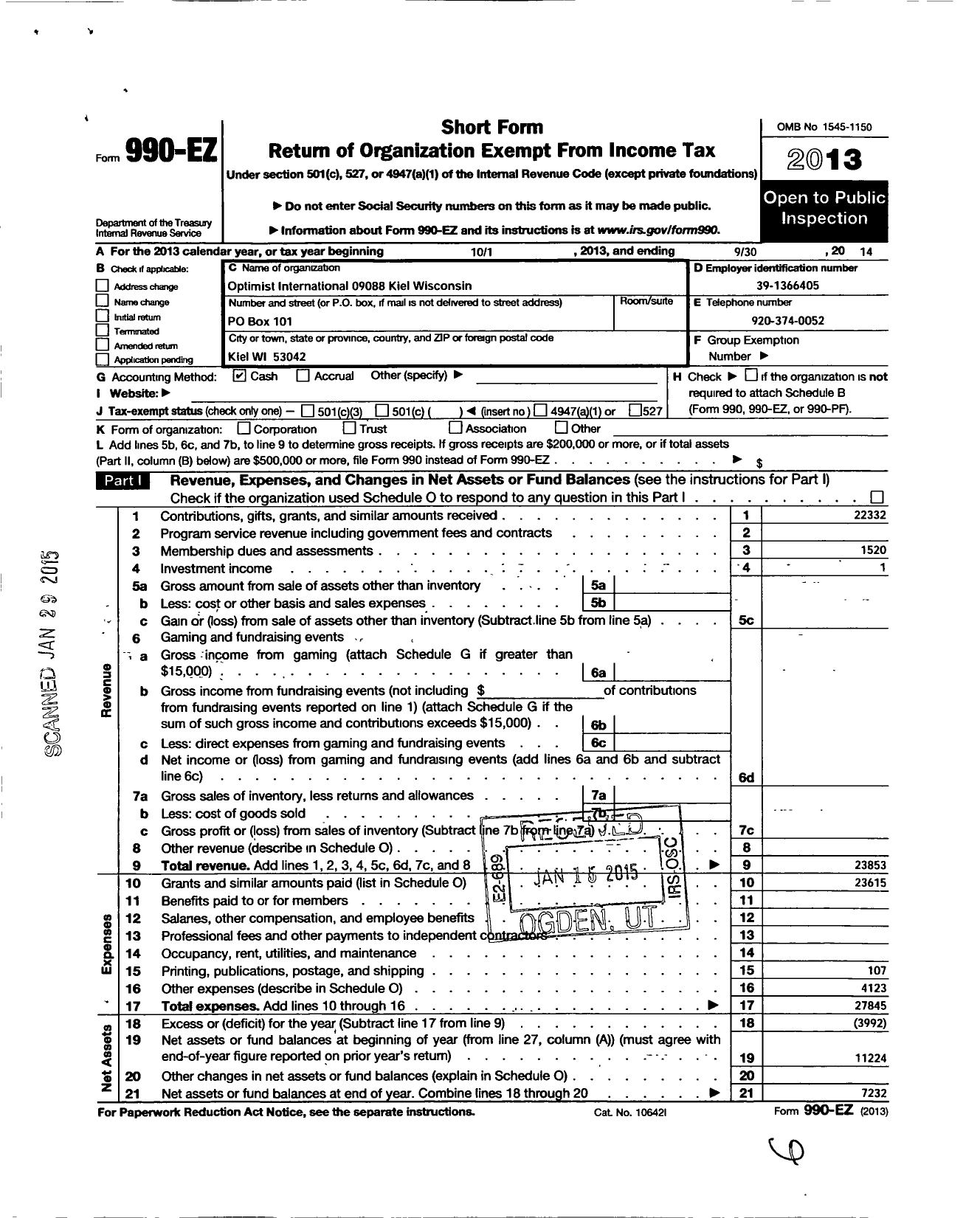 Image of first page of 2013 Form 990EO for Optimist International - 23088 Oc of Kiel Wi