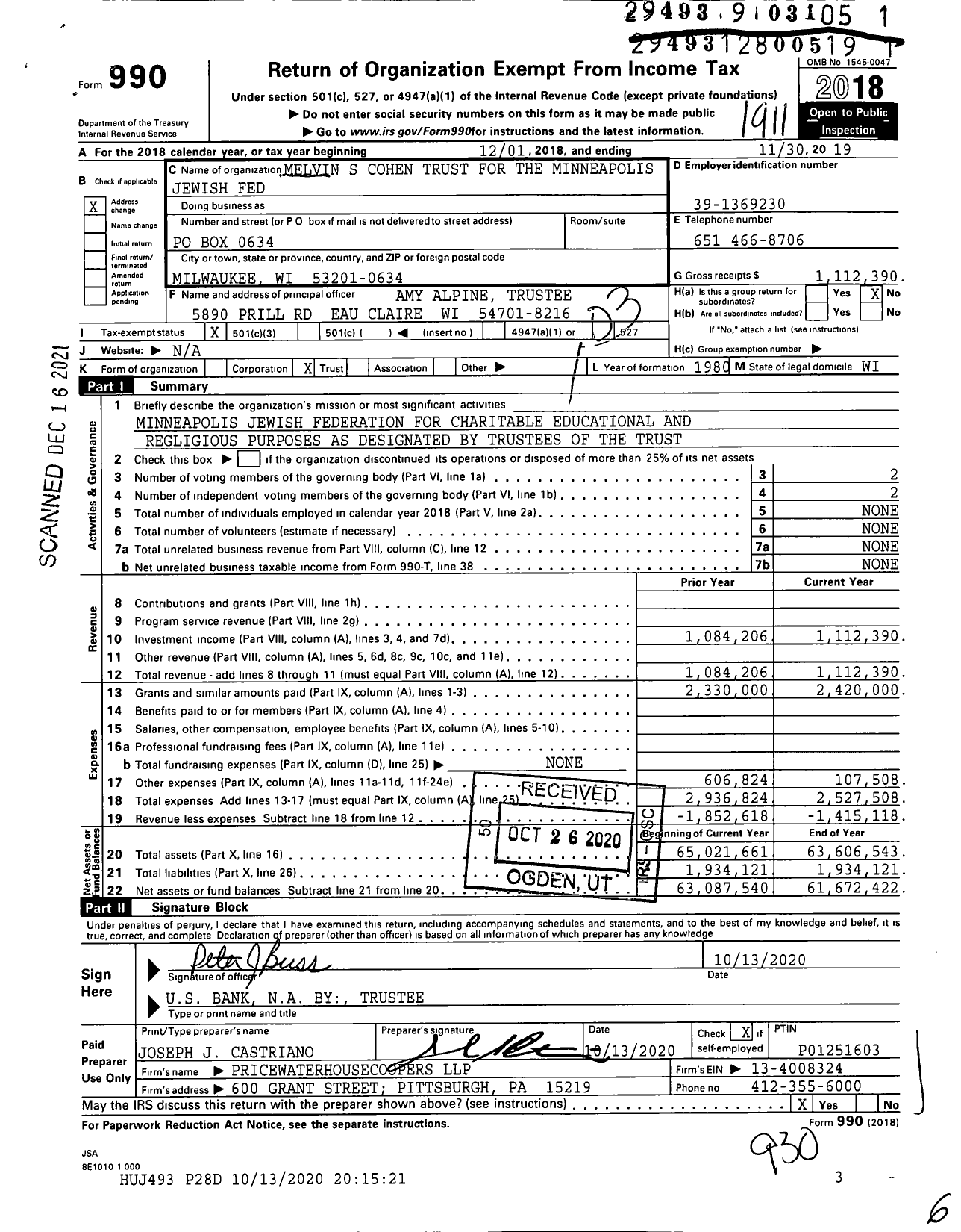 Image of first page of 2018 Form 990 for Melvin S Cohen Trust for the Minneapolis