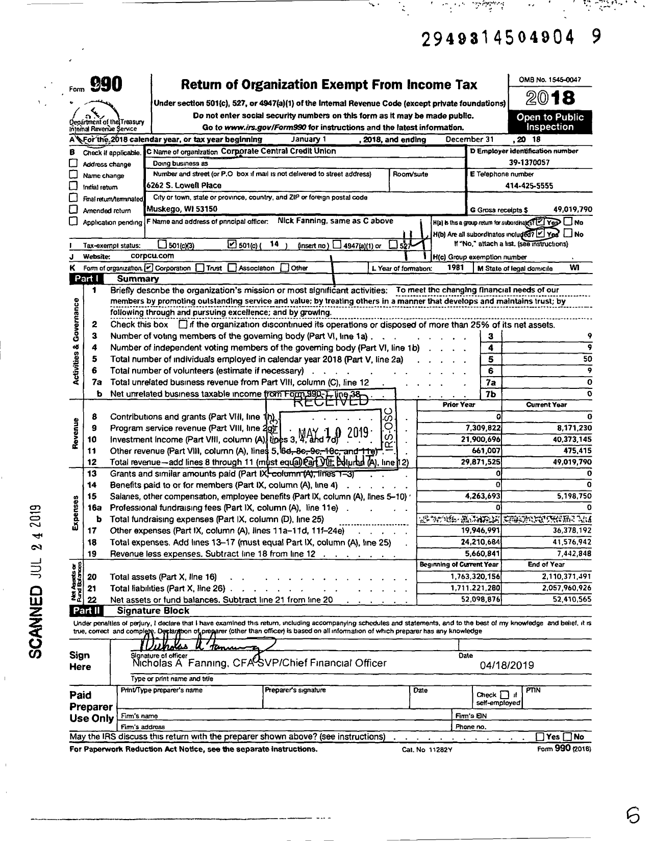 Image of first page of 2018 Form 990O for Corporate Central Credit Union