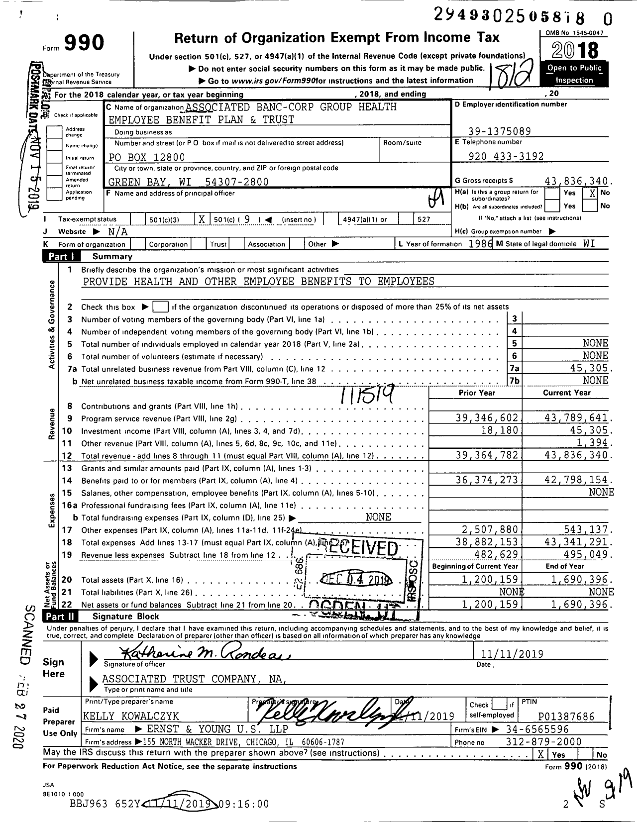 Image of first page of 2018 Form 990O for Associated Banc-Corp Group Health