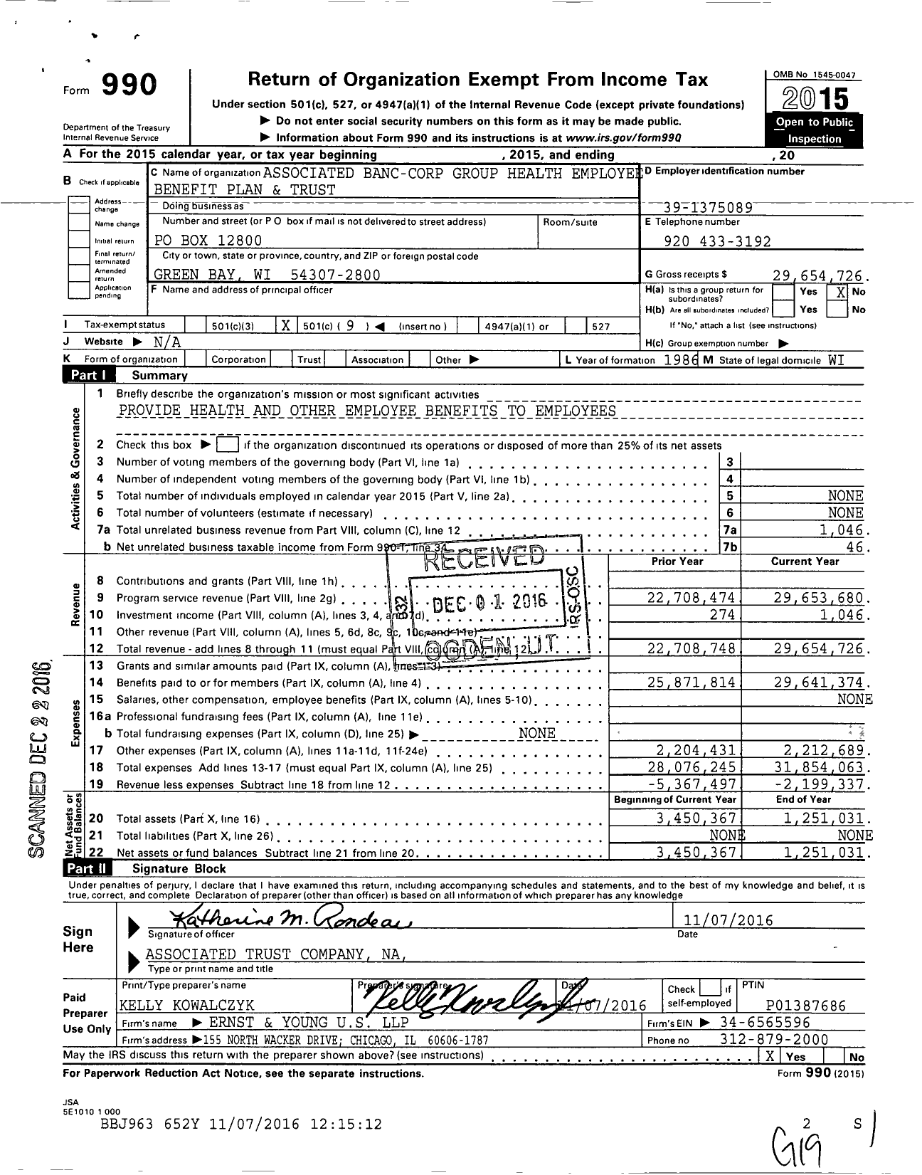 Image of first page of 2015 Form 990O for Associated Banc-Corp Group Health