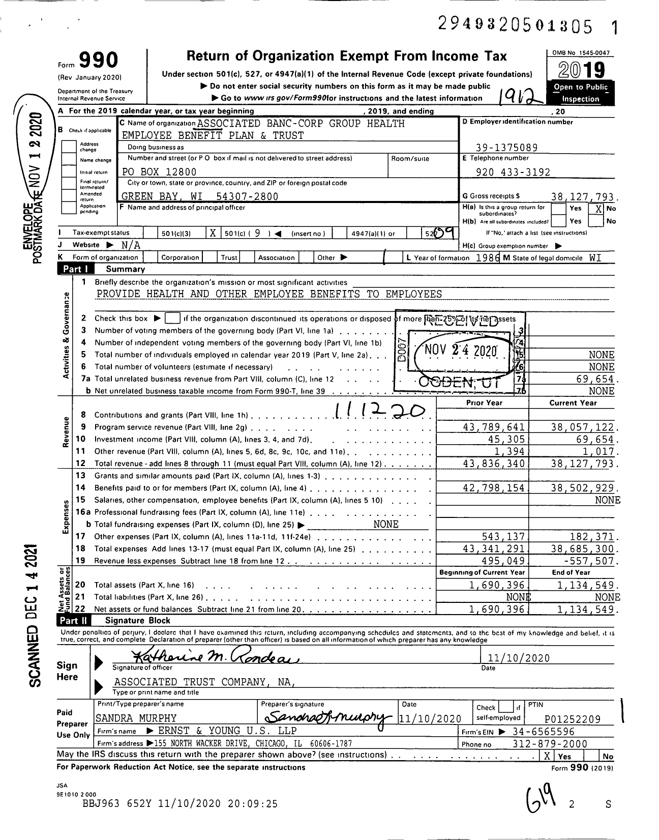 Image of first page of 2019 Form 990O for Associated Banc-Corp Group Health