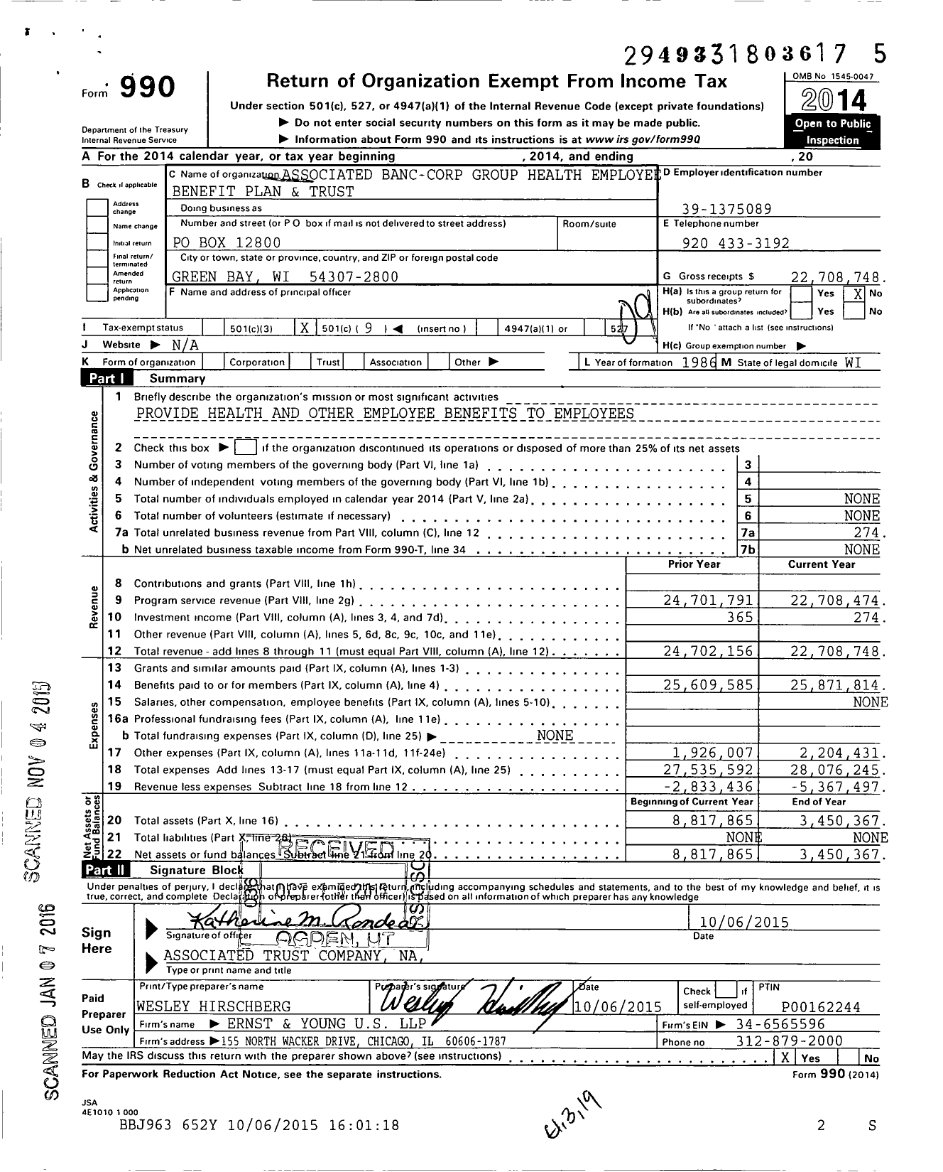 Image of first page of 2014 Form 990O for Associated Banc-Corp Group Health