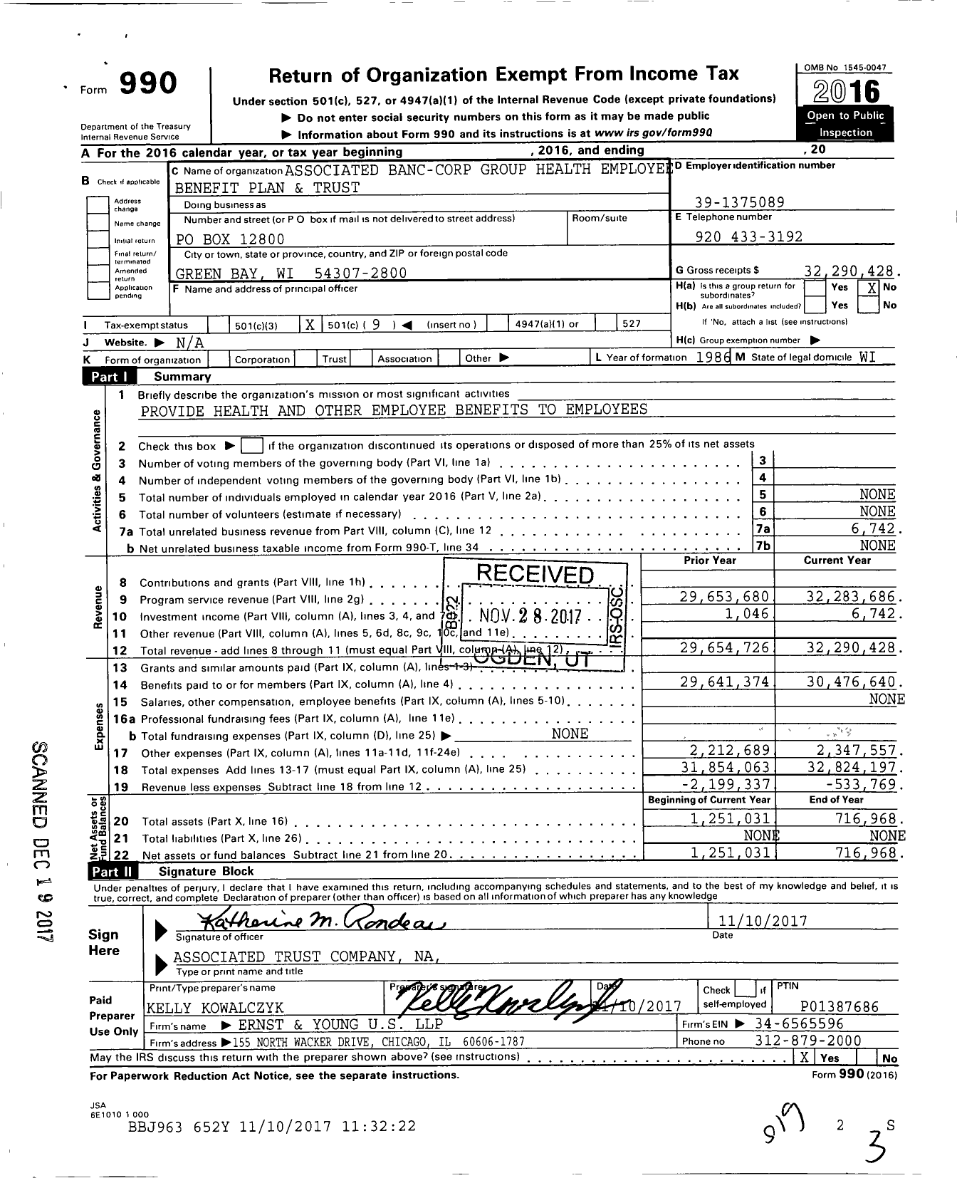 Image of first page of 2016 Form 990O for Associated Banc-Corp Group Health