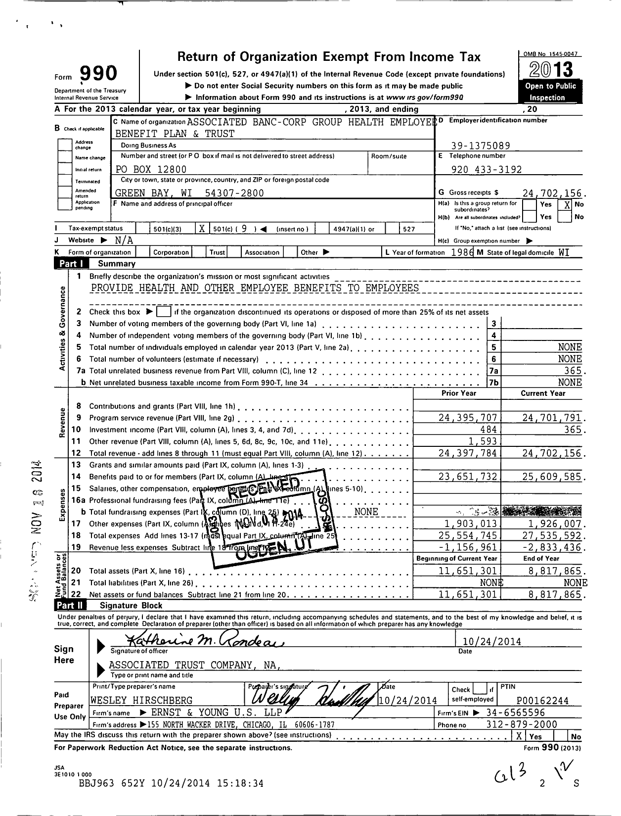 Image of first page of 2013 Form 990O for Associated Banc-Corp Group Health
