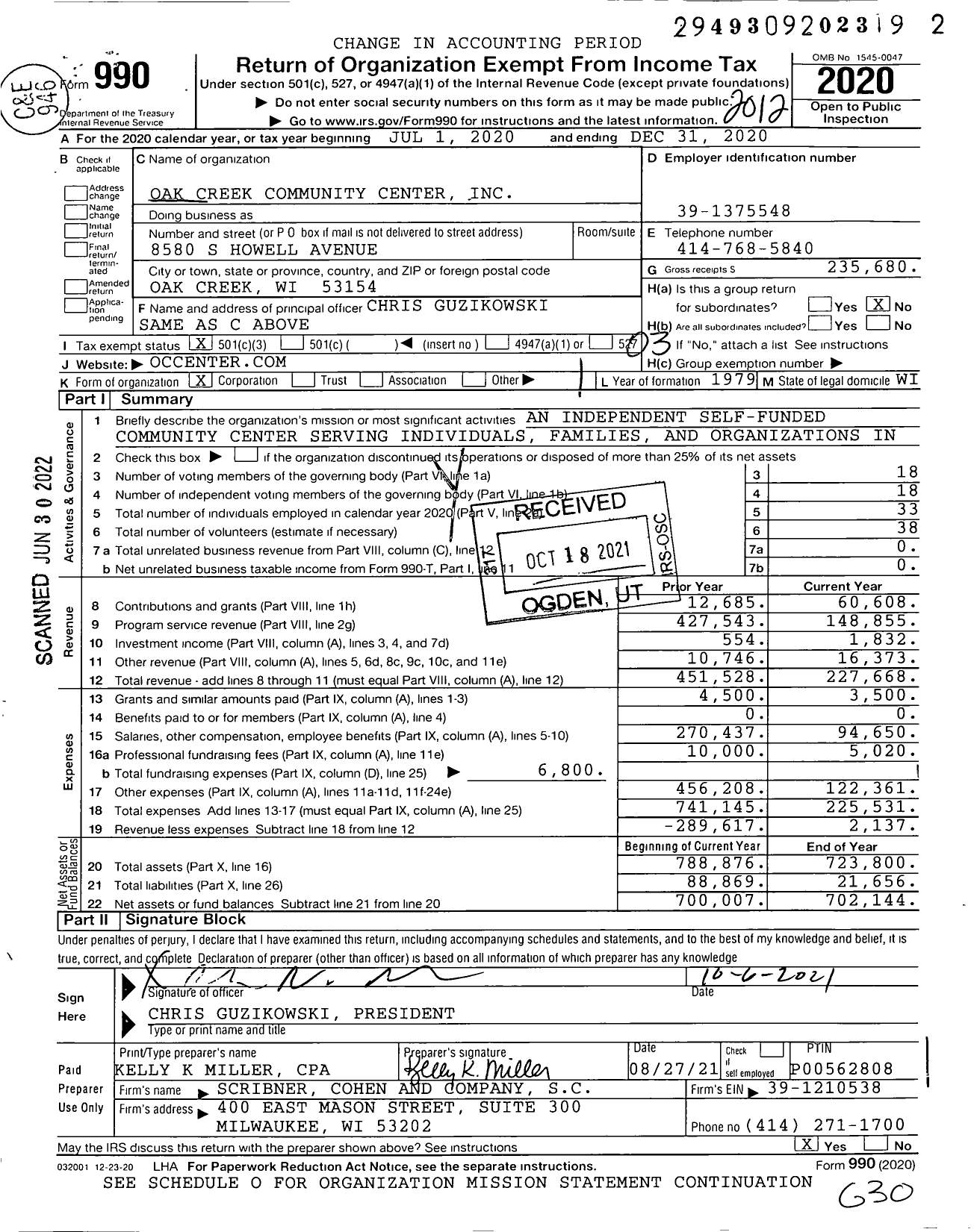 Image of first page of 2020 Form 990 for Oak Creek Community Center