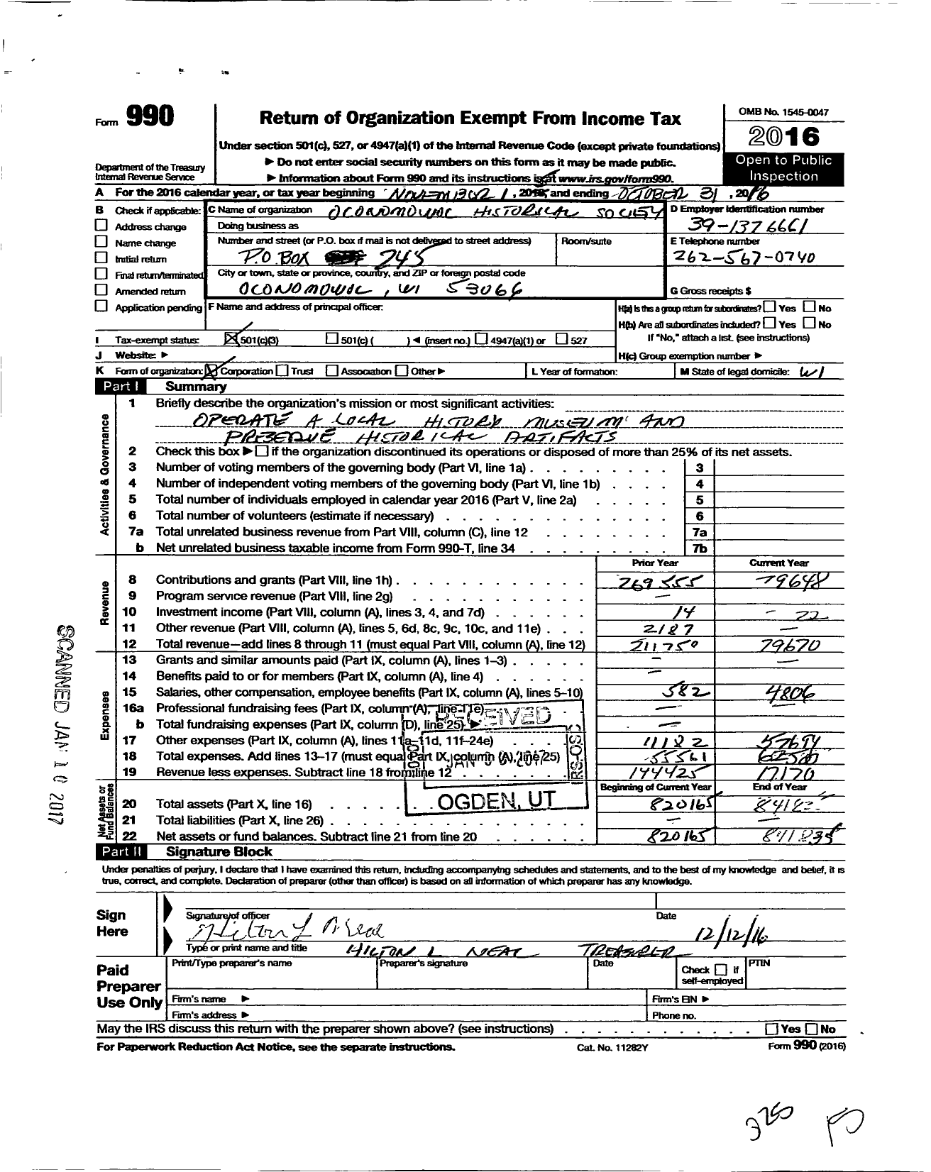 Image of first page of 2015 Form 990 for Oconomowoc Historical Society