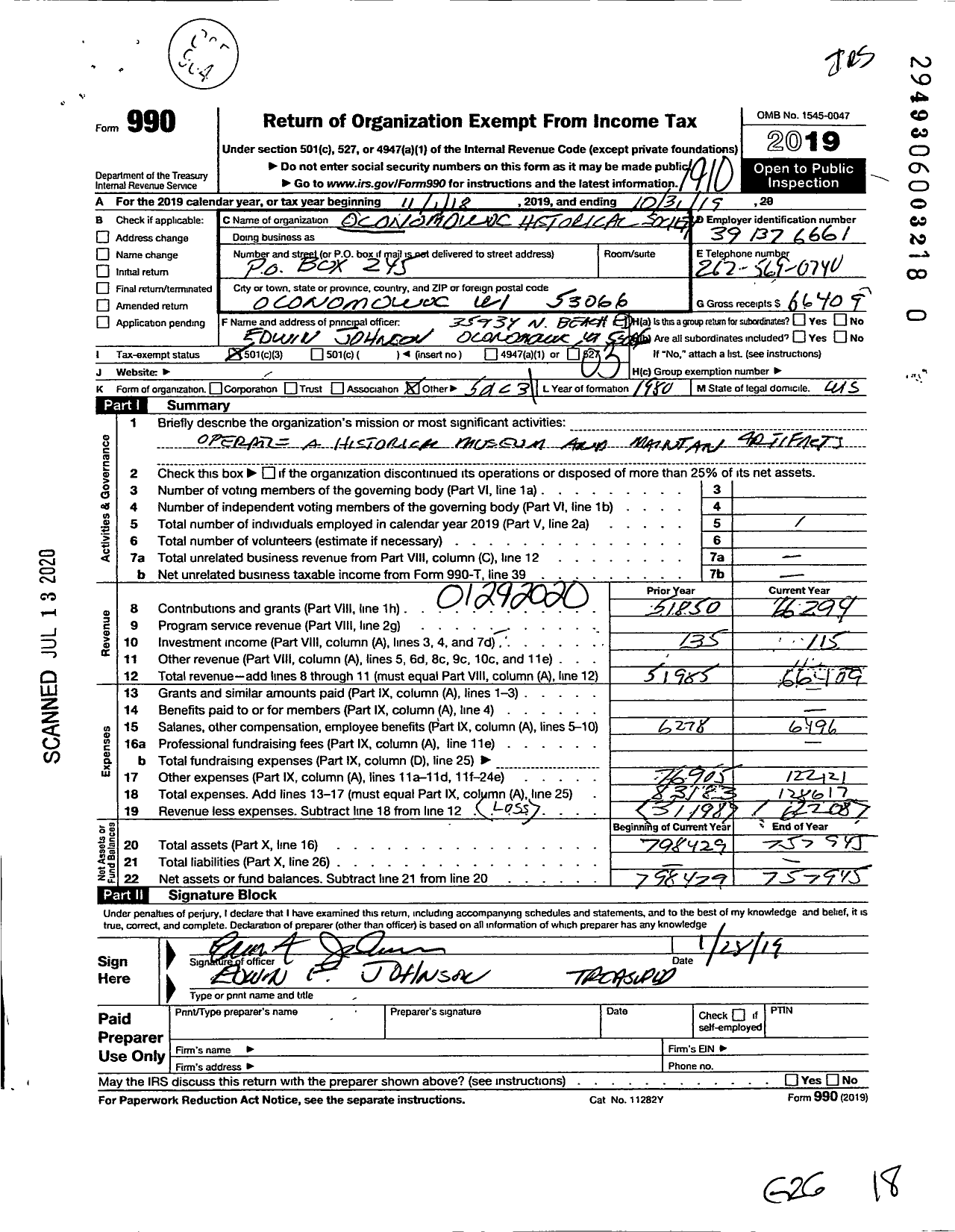 Image of first page of 2018 Form 990 for Oconomowoc Historical Society