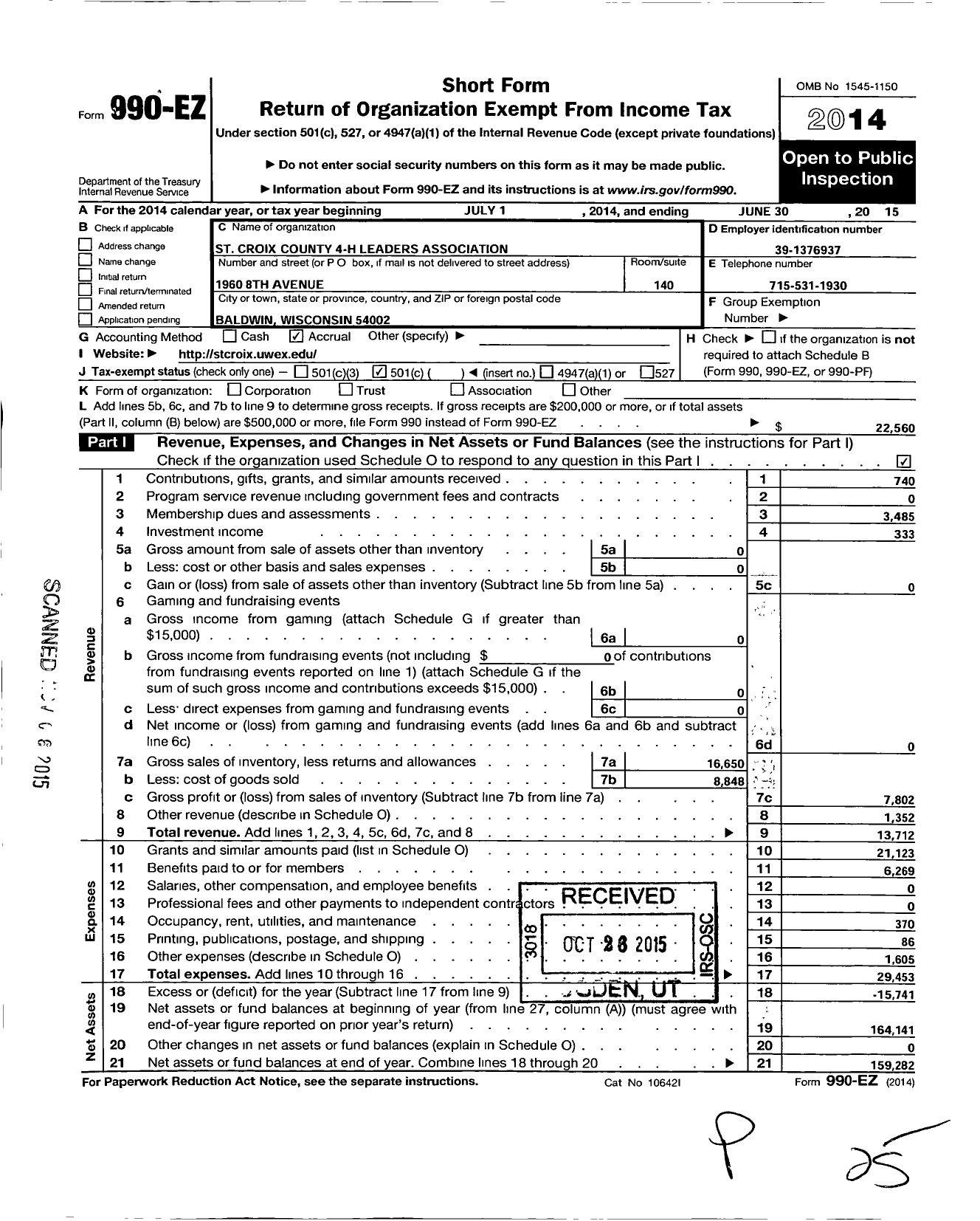 Image of first page of 2014 Form 990EO for BOARD OF REGENTS OF THE UNIVERSITY OF WISCONSIN SYSTEM / St Croix Co 4-H Leaders Association