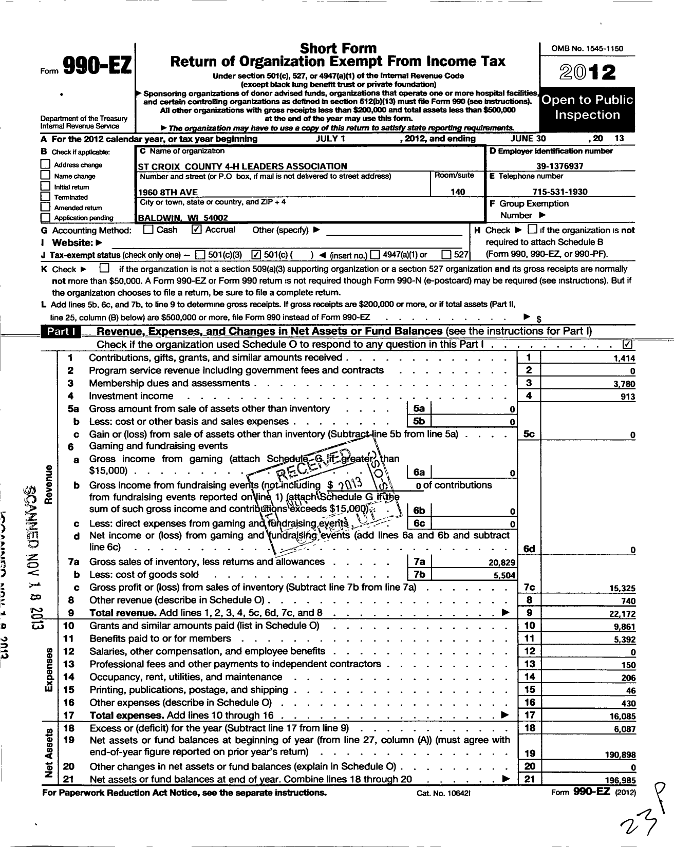 Image of first page of 2012 Form 990EO for BOARD OF REGENTS OF THE UNIVERSITY OF WISCONSIN SYSTEM / St Croix Co 4-H Leaders Association